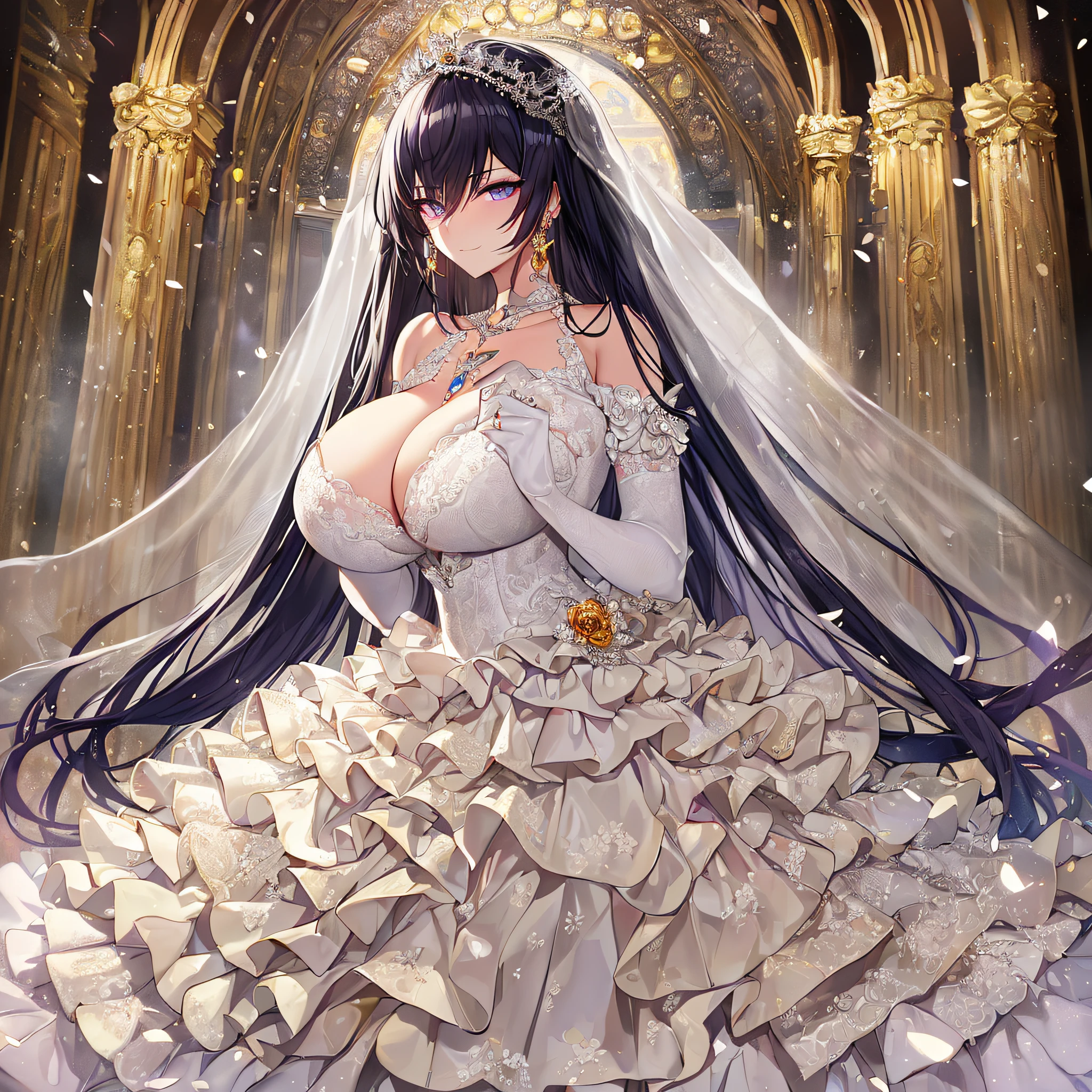 ((anime artstyle)),Masterpiece,Best Quality,Super Detail,Very Delicate and Beautiful,Solo,((full body)),(((1 arrogant queen wearing gorgeous white ballgown wedding dress with voluminous crinoline hoop skirt))),gorgeous embroidery and beautiful lace,((gigantic tits,long tits,cleavage,skindentation)),jewel-like eyes,(haughty smile),(((arrogant facial expression,haughty facial expression))),Sharp eyes,Purple eyes,(Beautiful detailed face and eyes),((shiny hair,Bangs between eyes,voluminous straight hair,extremely Long straight Hair)),black hair,luxury hair ornament,extremely gorgeousfull jeweled tiara,long train,((bling-bling gorgeous gemstone jewelry)),long wedding veil,full body,standing in the sacred cathedral,white lily flowers,flower petals flowing,light particles,Sacred Light,((gorgeous white ballgown wedding dress with voluminous crinoline hoop skirt))