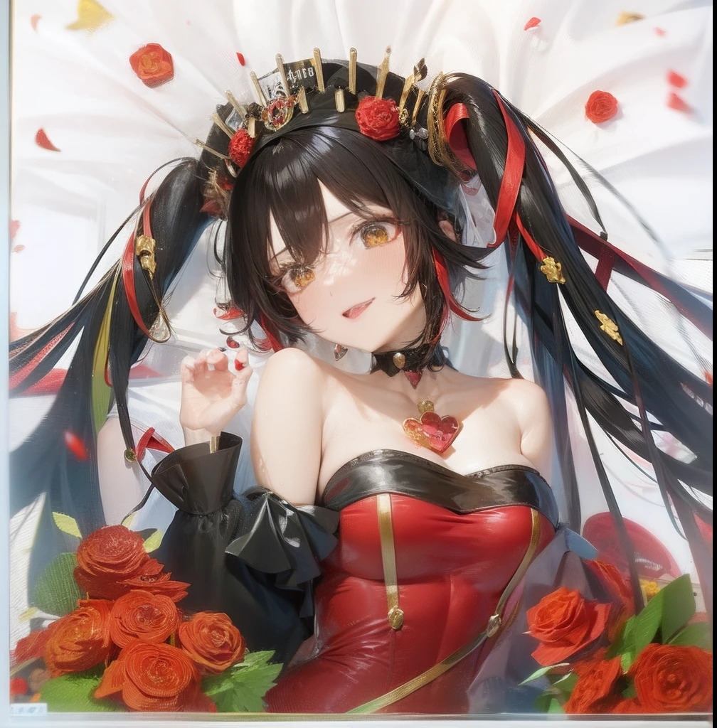 1girl,tokisaki Kurumi,anime girl with long black hair and red roses in her hair, gothic maiden anime girl, anime moe artstyle, (anime girl), nightcore, rin tohsaka, loli in dress, beautiful anime girl, seductive anime girl, high quality anime artstyle, anime girl wearing a black dress, anime visual of a cute girl, noire, beautiful anime woman