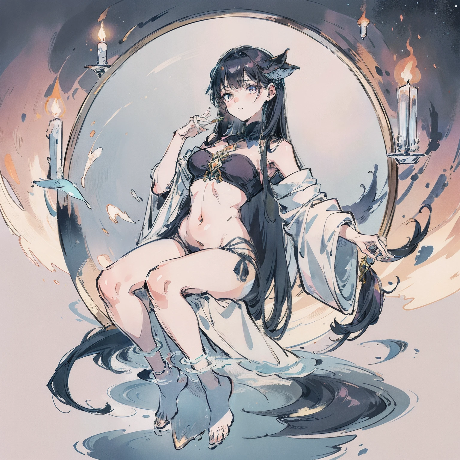 The whole body is cold and smooth, Above the calf emerges from a large mirror, The body shape is similar to before becoming a witch, Sometimes there are clear facial features, Sometimes there are no facial features, At the end of the hair are several small mirrors, Can float in the air or drag on the ground