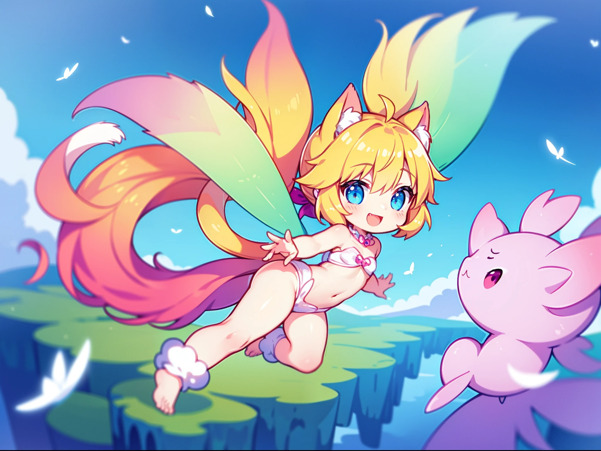fantasy world; Bright colors, Indescribably sweet, Cartoon style, Style Fairy Tale; adorable cat with long hair, fluttering in the wind, with a long tail, in free flight, casually soaring among the clouds, bare footed, Happy smile, eye shine, On his face is an expression of infinite happiness; high quality textures, higly detailed, realistness