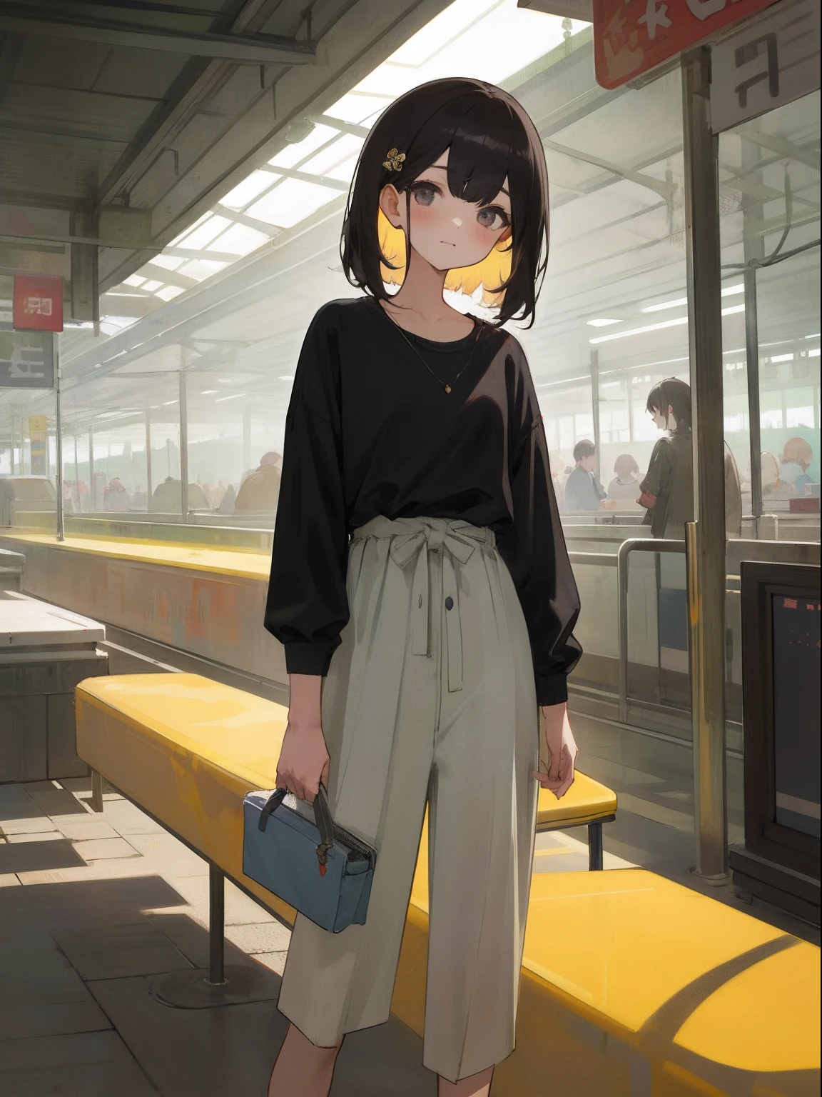 masterpiece, top-quality, 1girl in, The upper part of the body, is standing,, shorth hair, , A dark-haired, Casual clothing, frilld, station,chee、The viewer is the viewer's gaze