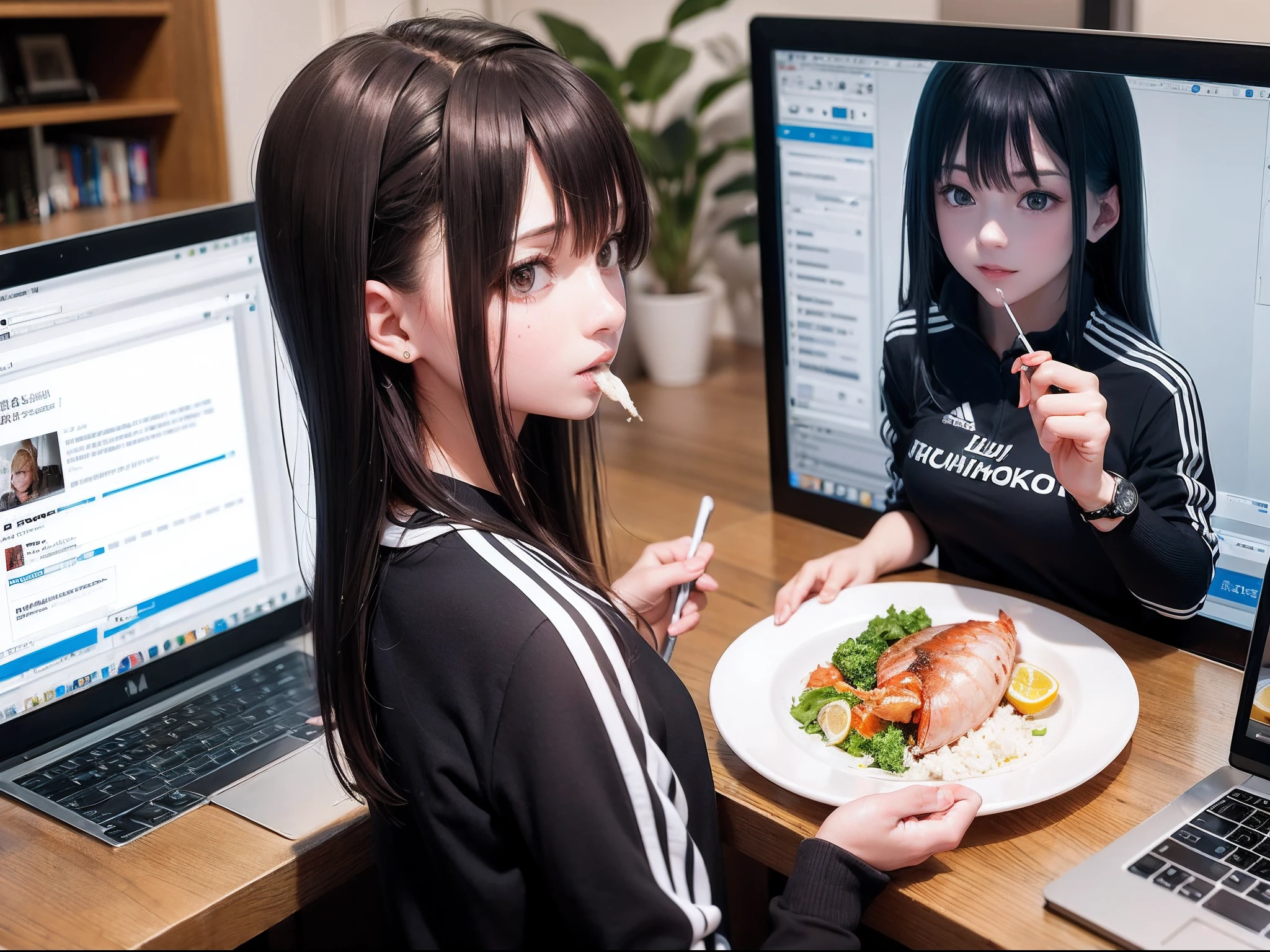 Best quality，tmasterpiece，Beutiful women，track suit，Watch the live stream，The screen played on the computer is a live broadcast of a beautiful woman eating seafood，Modern room， --auto