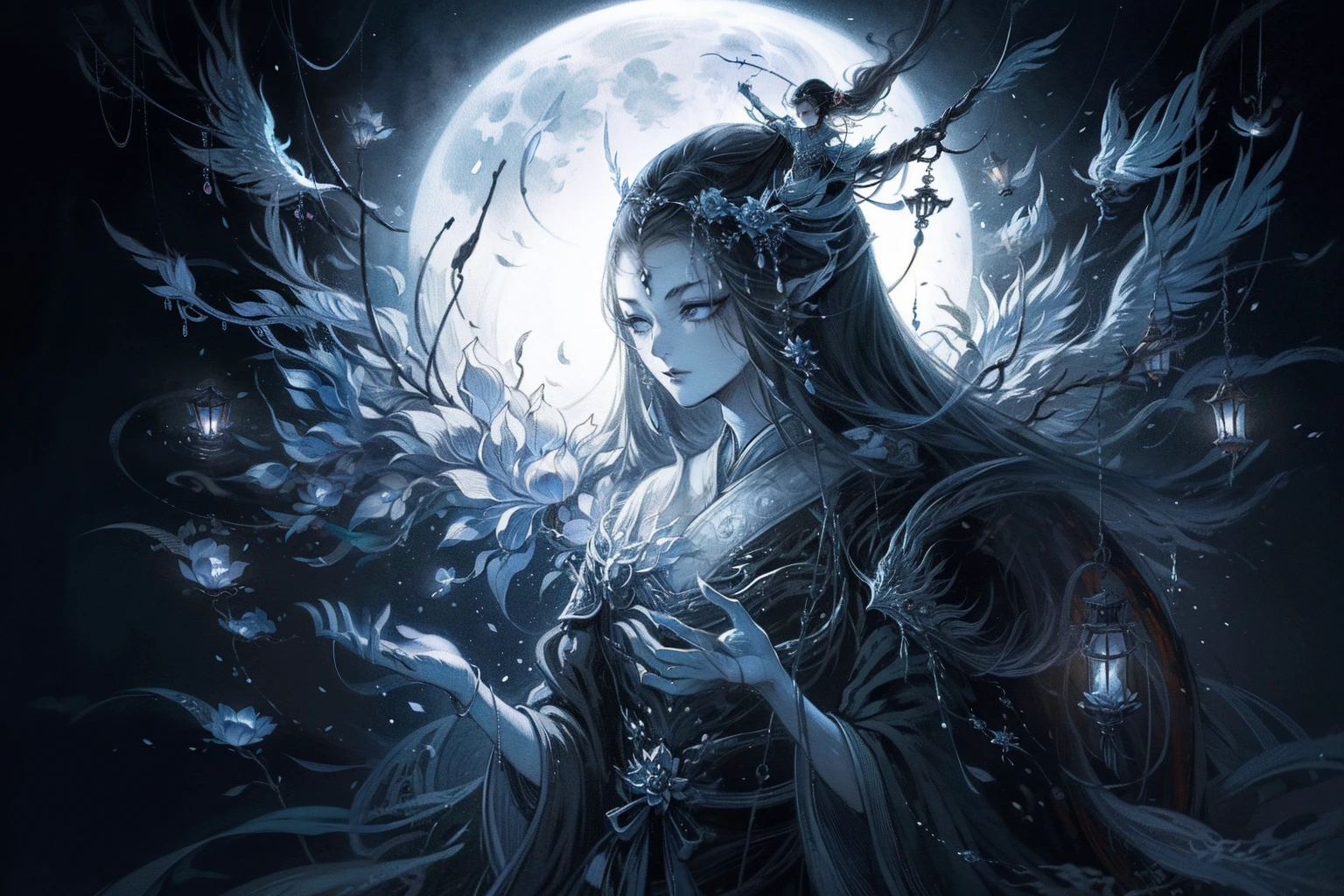 ((Need)), ((tmasterpiece)), (A detailed), (fantasy illustrations:1.3),Chinese Ghost Festival,Central Plains Festival,Street chiaroscuro at night,Detailed depiction of branch texture and lanterns,Lanterns hanging from trees,There are flowers on it, shadowy lighting,1 Ghost,Background bokeh,Soft lighting, dim murky lights, Spooky lantern lighting,Peaceful and scary atmosphere,Mysterious and dark,Detailed lighting effects,Soft color transitions,Lantern branches are depicted eeriely。Ghosts float in the smoke, Seductive gaze, Mysterious Sky, Moon Night, pastelcolor, (A high resolution:1.2)
