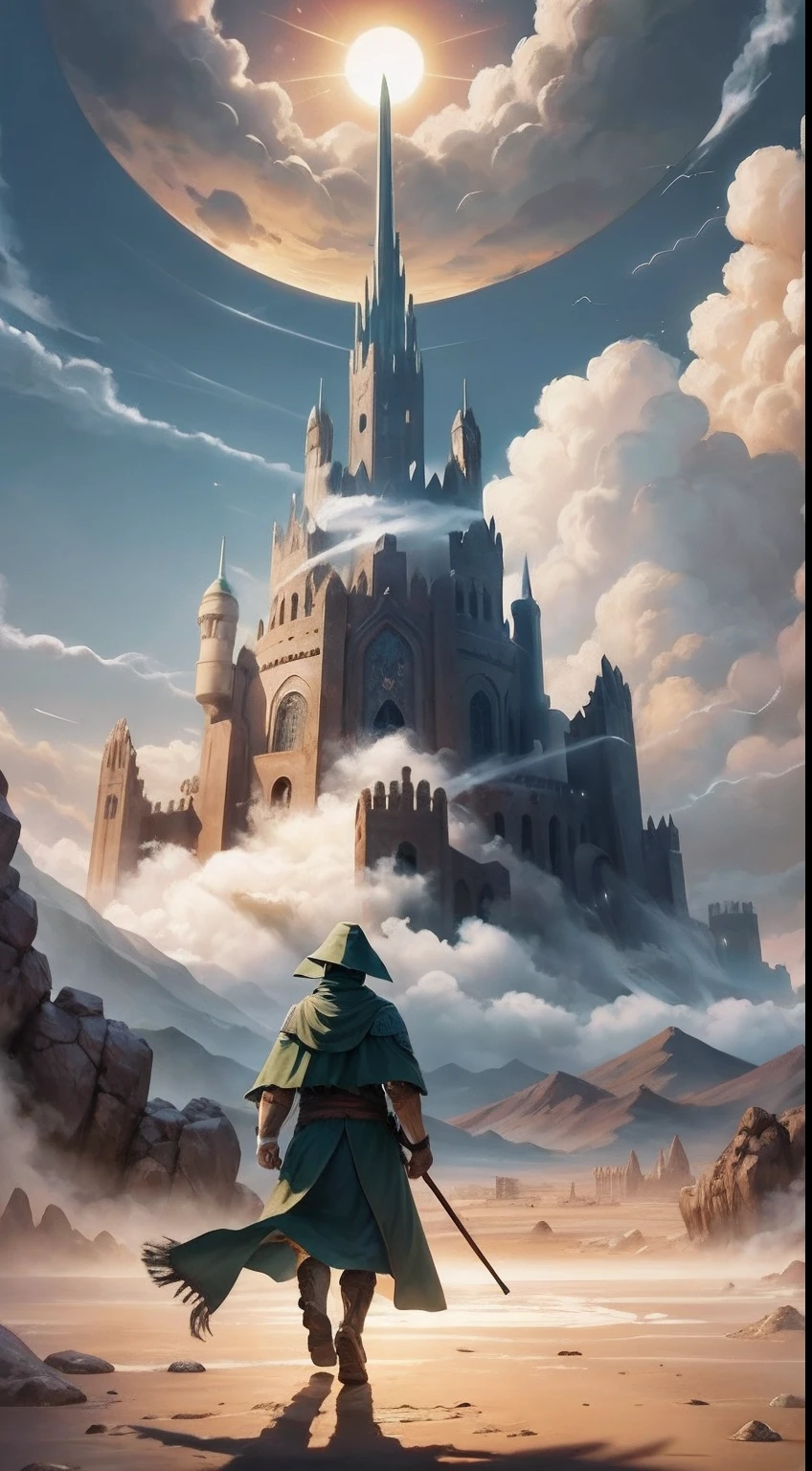 Ancient warriors in trench coats walk firmly into the distance，He wears a cloak on his head，中景 the scene is，facing away from the audience，（Vast desert:1.2），（Rolling white clouds:1.2），（Lonely smoke drifted into the sky:1.2），The smoke is thick，Eagles fly，（The setting sun shines obliquely through the clouds）,vivd colour（Light particle effect）,（Masterpiece）,（Extremely detailed picture description）,（8k wallpaper）,（Master painting）,（Ink painting style）,（Noticeable light and shadow effects）,（Ray traching）,（Obvious layers）,（depth of fields）,（best qualityer）,「Journey to the West」Ray