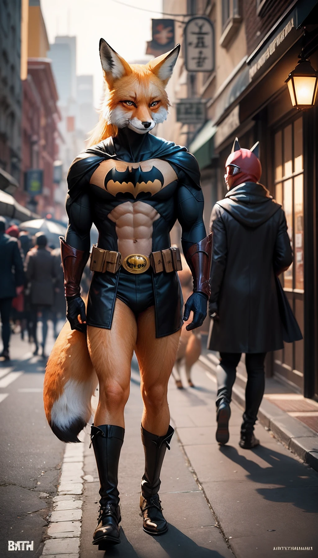 personage (red fox:1.2) In costume (Batman:1.1) , in the city, Ghibli Style Studio, Akira Toriyama, Genshin Impact, 4k, bright colours, devinart, Trending on ArtStation,