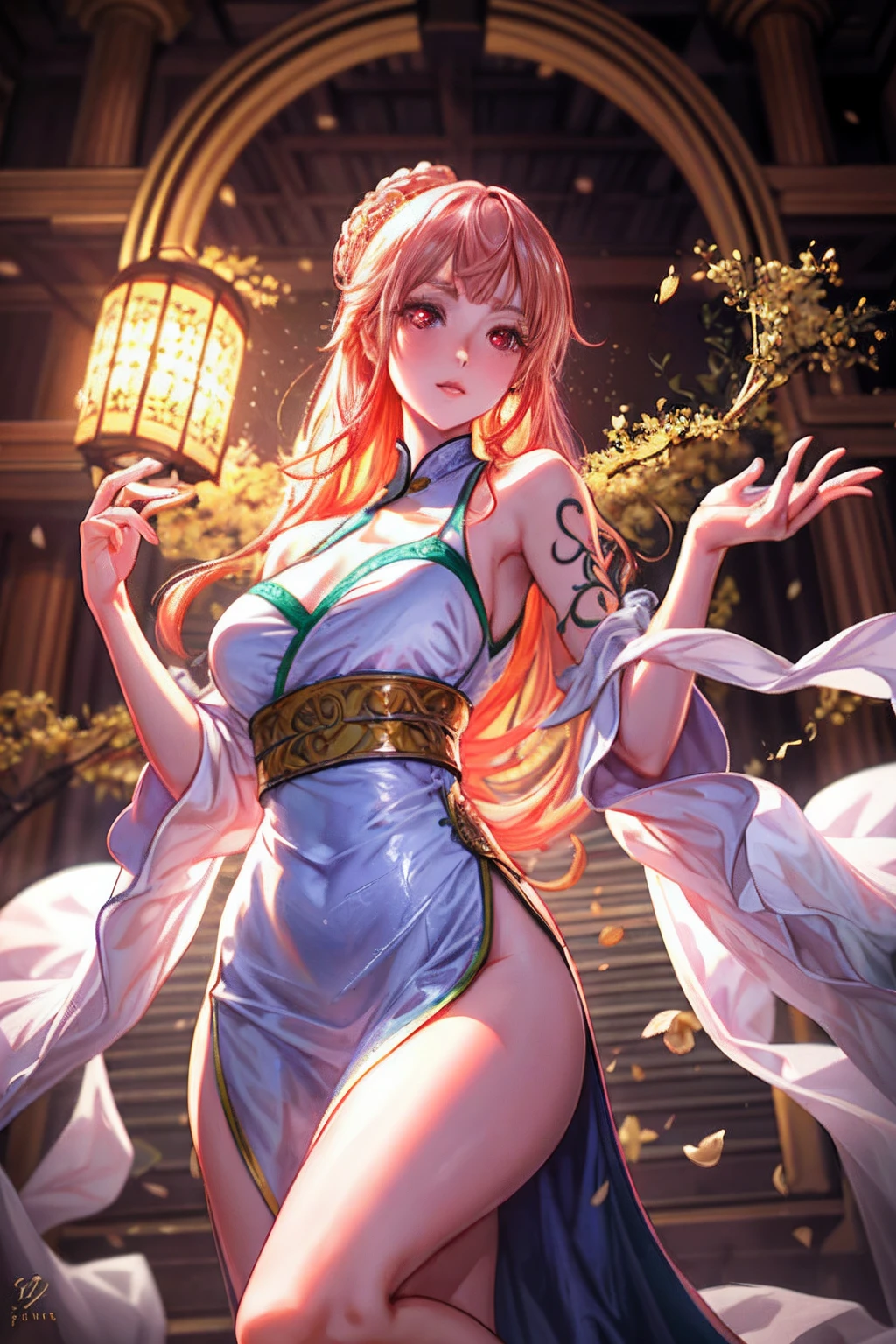 There is a girl in a green dress, plum blossoms, palaces, oriental architecture ray tracing, {best quality}, {{masterpiece}}, extremely detailed 8K wallpaper, {an extremely delicate and beautiful}, colorful, intricately detailed, Realistic, real, camera quality, (detailed depiction of clothes), cool white skin, (detailed depiction of blush), 1080p, sun, soft cuteness, smooth light silver hair, messy beauty, lighting, broken feeling, bright and silky skin , 3D stereoscopic, masterpiece, best quality, super fine illustration, beautiful eyes, very fine light, fine glow, very fine 8K CG wallpaper, peach eyes, red pupils, an extremely delicate and beautiful girl, 8k Wallpaper, best quality, full body close-up, white long dress, luxurious silky bright red chiffon floodlight (magic, glitter, ultra-thin, soft,) Hanfu