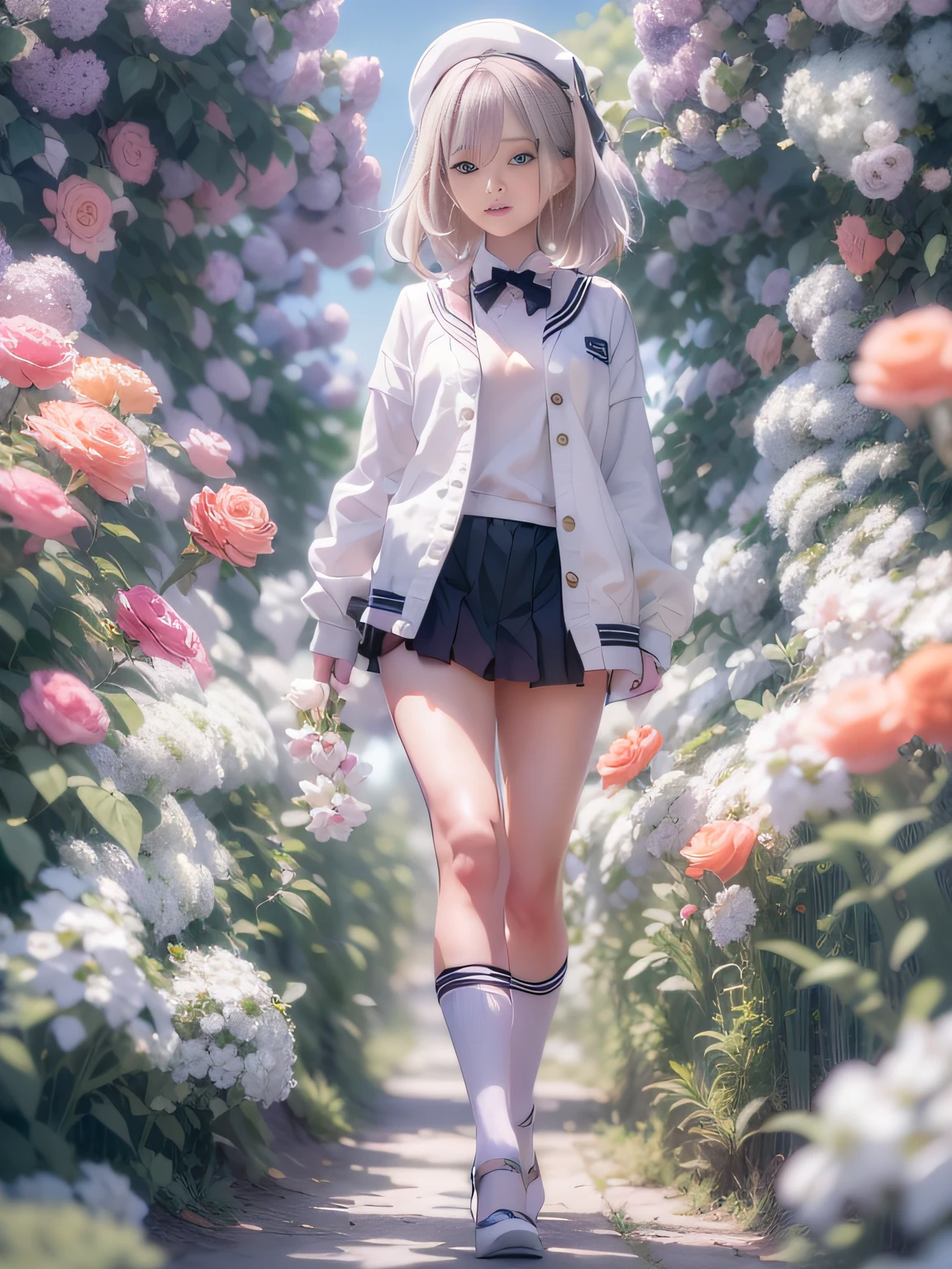 Anime girl in white sailor suit and black shoes walks in front of flowers, guweiz, anime aesthetic, artwork in the style of guweiz, anime vibes, anime aesthetic, wearing white outfit, Beautiful anime, Style Anime, beautiful anime style, Anime visuals of cute girls, (Anime Girl), Trending on CGSTATION, made with anime painter studio,ultimate beauty girl，Thin leg，