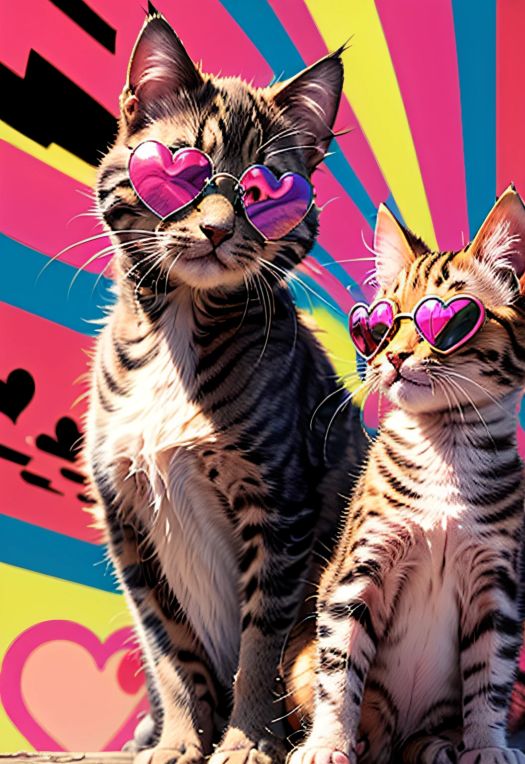 masterpiece、top-quality、top-quality、(((Psychedelic and colorful kitten design with pink heart sunglasses)))、ighly detailed、colourfull、highestdetailed、frontage