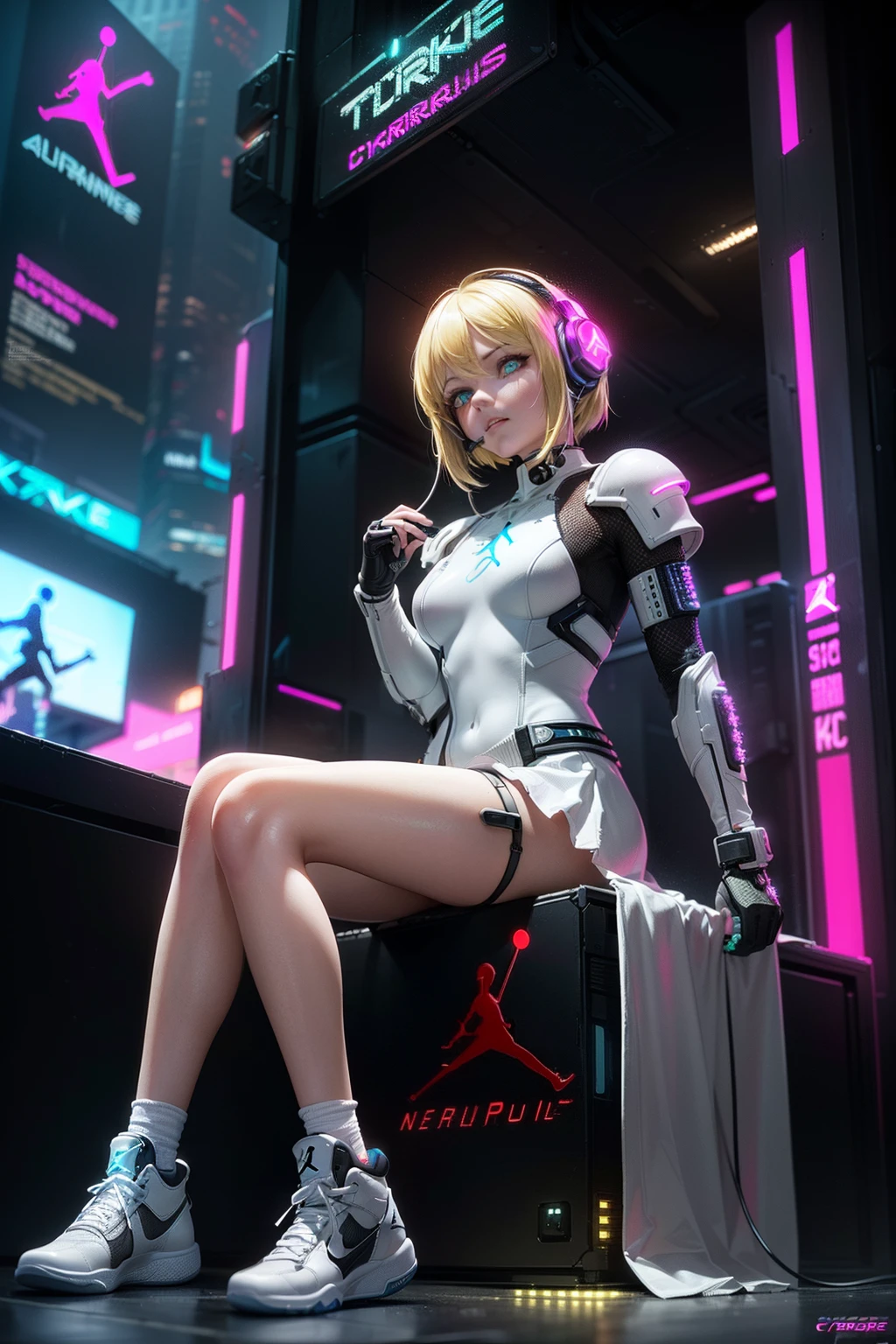 (((Cyberpunkcore aesthetic))) (((sitting and wearing an Air Jordan))) ((beauty slim shape)) perfect skin, hyperrealistic masterpiece, (((in extremely complex & superdetailed white plugsuit sci-fi armor))), cinematic illumination: 8k, symmetrical eyes, realistic, sharp focus, HD, highly detailed, intricate, photography, hyperrealism, hyperrealistic, film, studio portrait, detailed, dramatic lighting, maximum definition and sharpness, (((highly detailed external glowing lighting))), (((wearing cyberpunk neon headphone and short skirt))), (((blonde hair)))