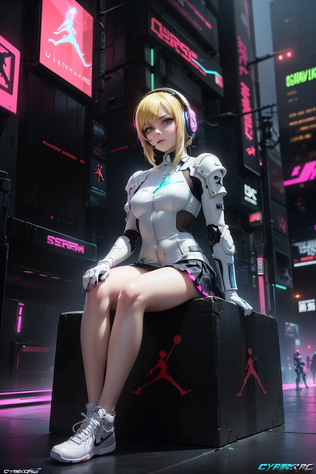arafed woman wearing white cyberpunk suit, technology hardware on hands, girl sitting on a LED futuristic platform, reflective surface, korean women's fashion model, bae suzy, ulzzang, latex suit white clothing style, krystal, style kim jung gi, heonhwa choe, jinyoung shin, official, cyberpunk environment, neon lights, lens flare, mechanical hands, (mechanical parts:1.5), (masterpiece:1.2), (add more details:1.3), (intricate detail:1.3)