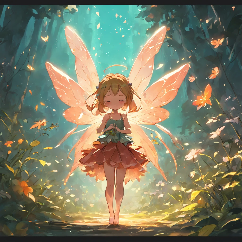 Cute fairy, Small stature, in full height, Flowers, Sits, little chest, fairy wings, fairytale, phantasy