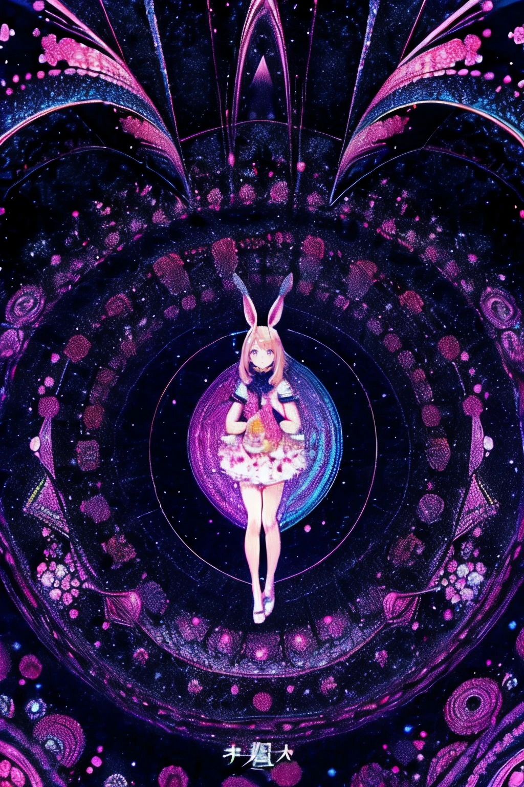 (masutepiece, of the highest quality, Best Quality, Official art, Beautiful and aesthetic:1.2), (1 Girl and rabbit),Girl is holding a rabbit、portraitures、 (Fractal Art:1.3), High resolution, Petite, Extremely detailed, Detailed background, Abstract background, multicolored background, Cinematic lighting, Illustration, Solo, Active Pose, kaleid (Kaleidoscope), Divinity, llight rays, Geometry,