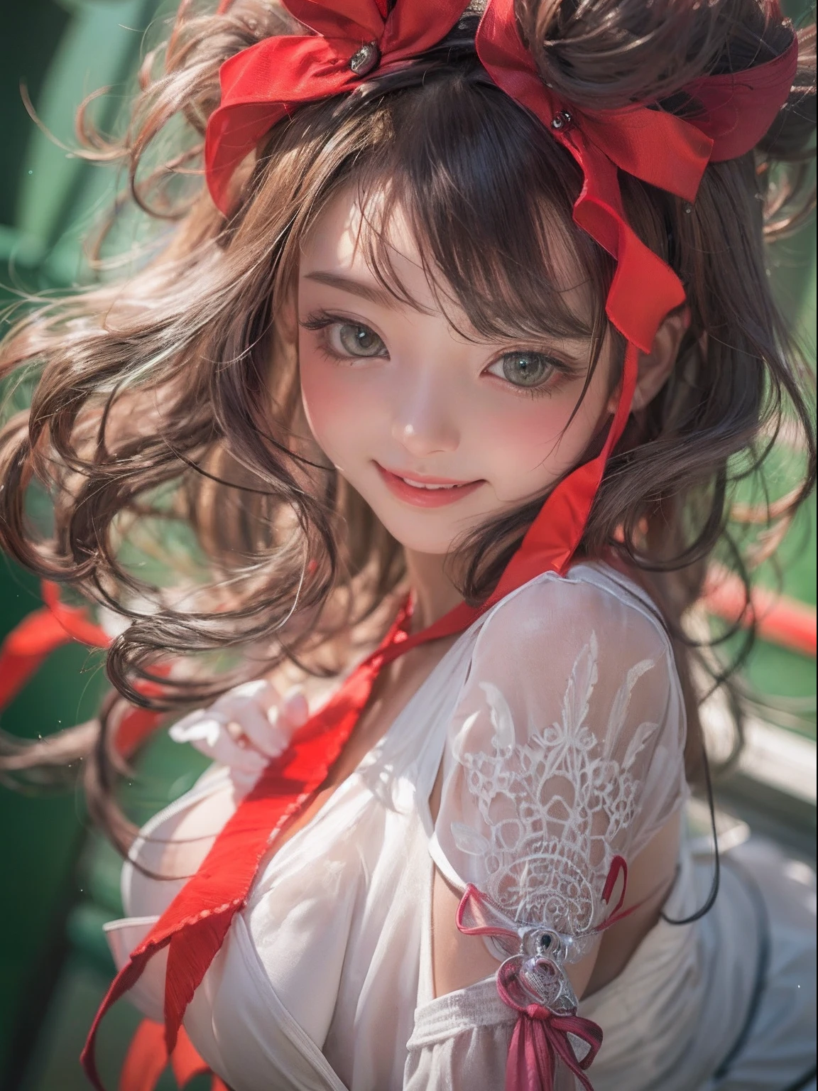 Close up of crimson smile with mouth open、A ribbon is worn on his head、(hentail realism、A high resolution)、(1 girl in)、eye、Korean girl、(Best quality), (masutepiece), (1girl in), Solo, a beauty girl, Perfect face, Big Breast,DreamlikeArt、Highly detailed airbrush art((Surreal))、voluminetric lighting、(top-quality)、The ultra-detailliert、(The composition of the movement:1.4)、Highly detailed and colorful details、(Bright lighting)、dynamic compositions、Ray traching、The mirror reflects light、Shallow depth of field、ultra - detailed、Mixed exposure、NFFSW、Her eyes glowed crimson、Gaze at the crimson sea。Her crimson face was、Full of anticipation and courage to take risks.、A smile appeared on her crimson lips。 In the rear、The sun slowly tilts to the west。Its glow brings a deep red glow to the surface of the sea、The swaying waves create a beautiful sight。Her eyes shone crimson。Lots of crimson ribbons、
