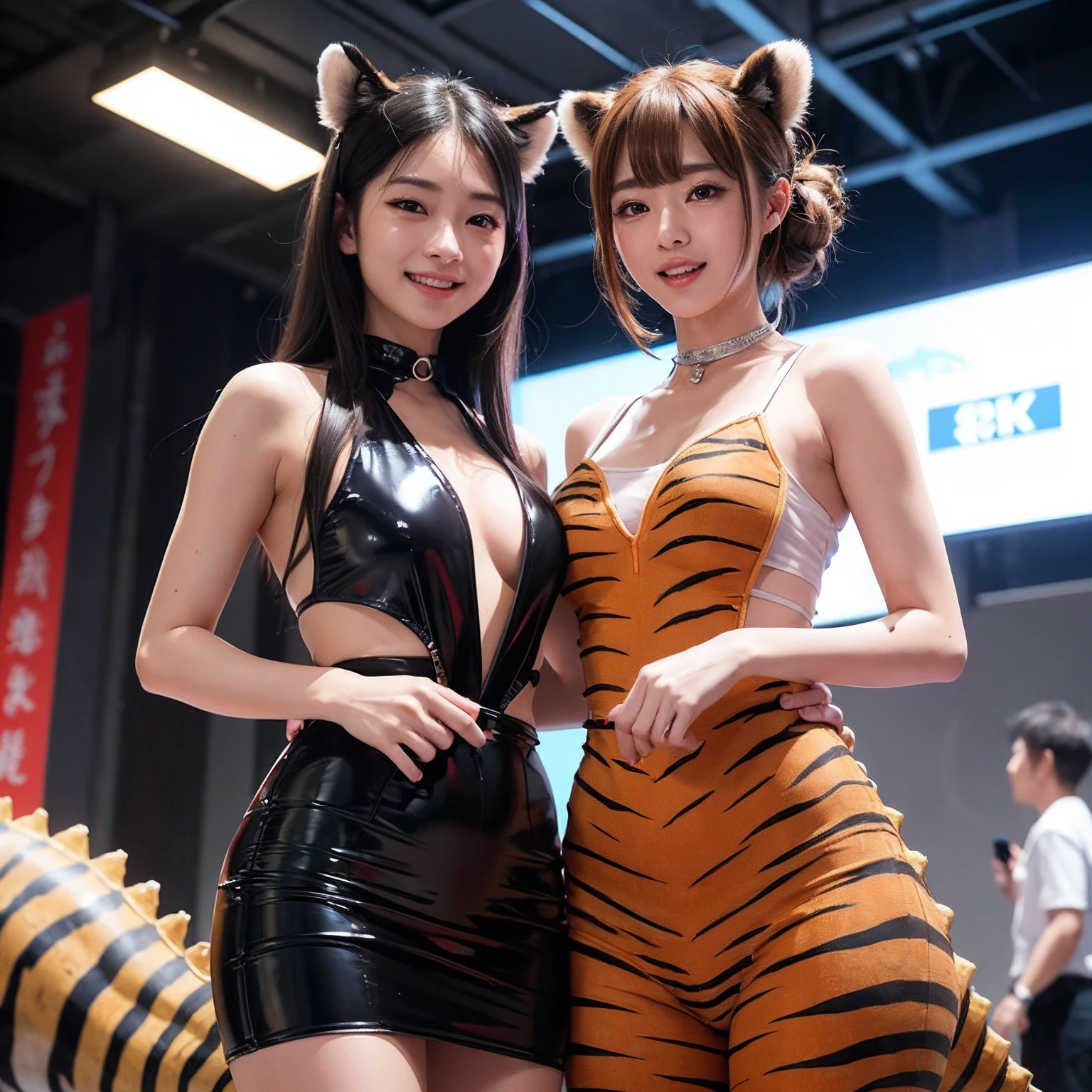 (8K、RAW photos、top-quality、tmasterpiece:1.5)、(hentail realism、Photorealsitic:1.5)、ultra - detailed、超A high resolution、lighting like a movie、(((An idol who loves tigers)))、(((16 year old girl in Japan)))、(((Dressed in mechanical sci-fi costumes)))、(A lot of dinosaurs:1.5)、cute smiling face、Happy and energetic atmosphere、dynamic ungle、动态照明
