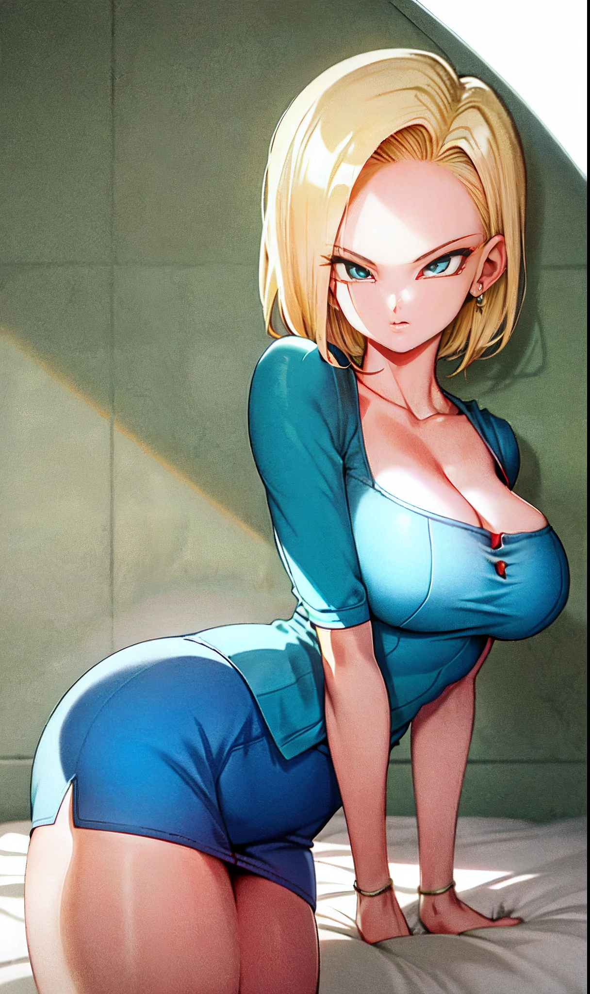 Mulher linda, perfeita ((8k)) ultra realista, Android 18 de dragon ball z,short blonde hair grades peitões,grandes curvas,olhos azuis,usando blusinha curta,apenas de calcinha,,perto da virilha,fundo cidade japonesa