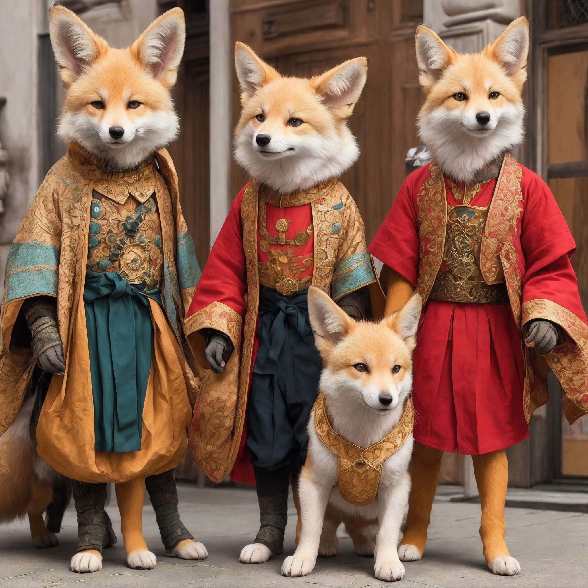 three dogs dressed in costumes are standing on a sidewalk, kitsune inspired armor, colorful kitsune city, netflix, still from a wes anderson film, still from a wes anderson movie, wes anderson film, wes anderson movie, wearing intricate fur armor, fox people, still from a live action movie, award winning costume design, intricate costume design, wes anderson style, exotic costumes