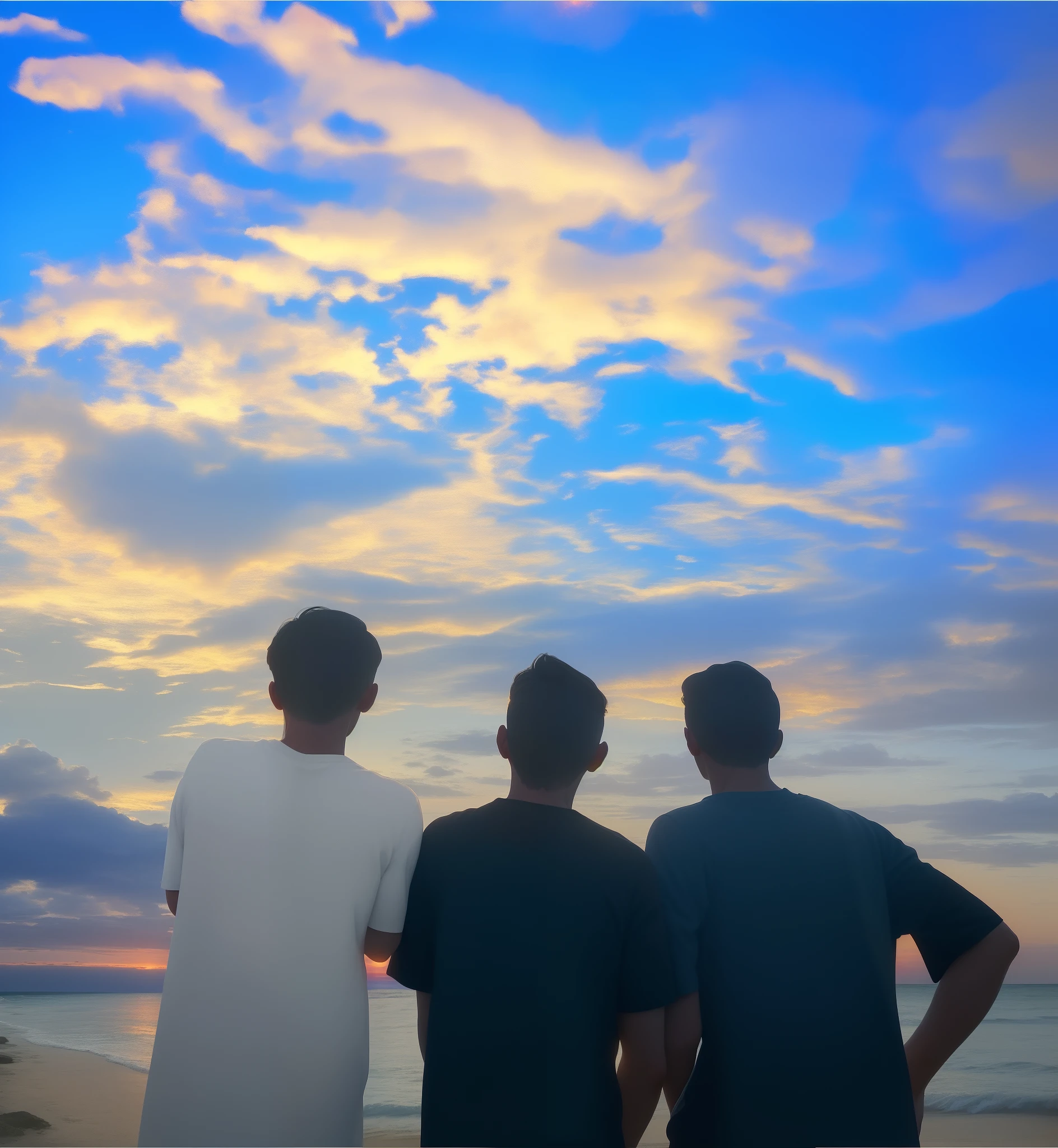 three men standing on a beach looking at the sky, men look up at the sky, looking at sunset, during sunset, with sunset, with vibrant sky, during sunrise, at sunrise, watching the sunset, at a beautiful sunset, looking into the horizon, at the sunset, gazing off into the horizon, during golden hour, during a sunset