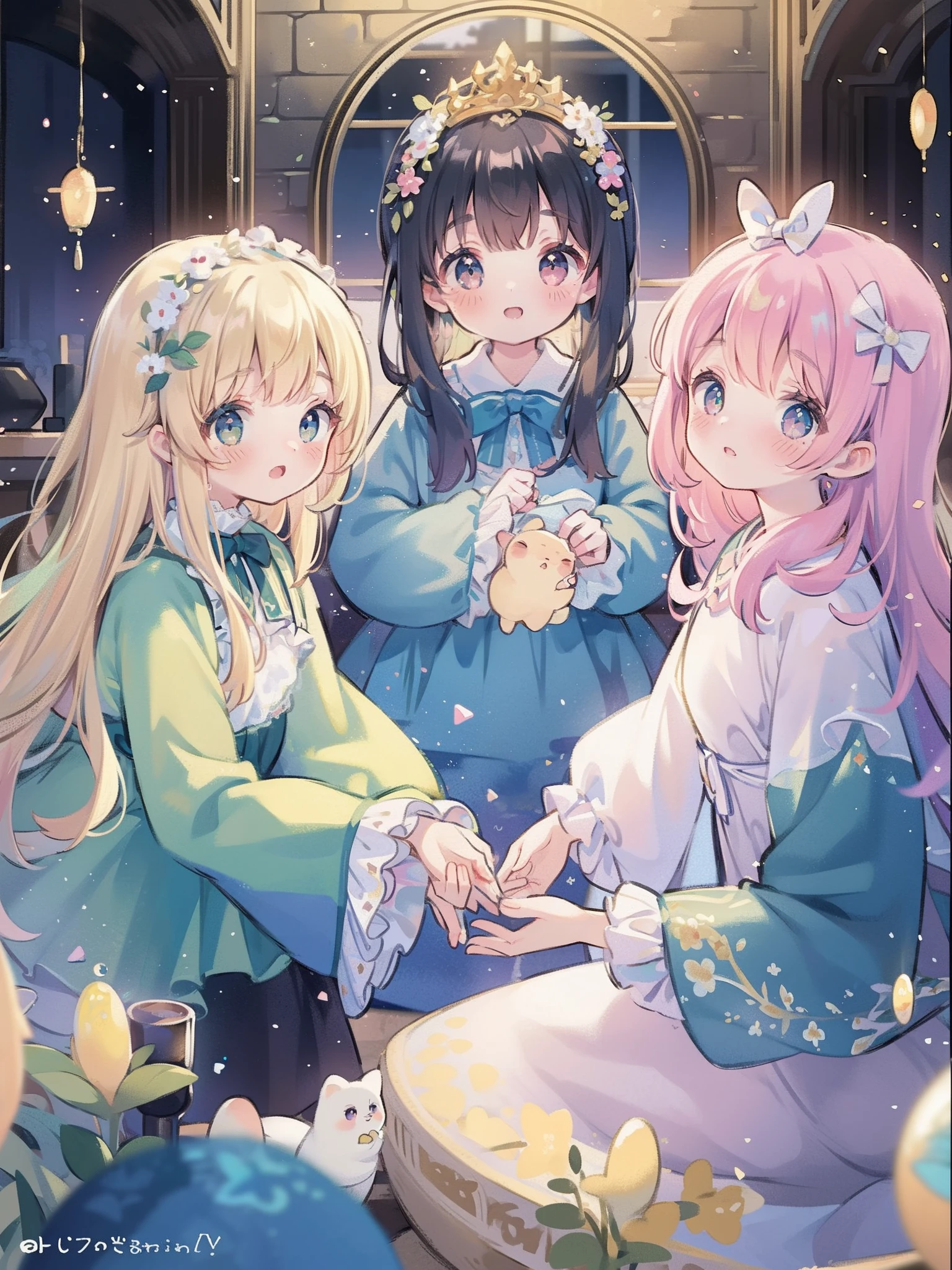 masterpiece, best quality, 8k resolution, sharp focus, intricate detail, beautiful 3girls, sparkling eyes, golden ratio face, otherworldly liquid, watercolor, pastel colors, bright colors, whimsical, colorful, sharp focus, high resolution, fine detail, ((layered tiered puffy long sleeves ballgown)), ((round eyes)), iridescent bubbles, fantasia background