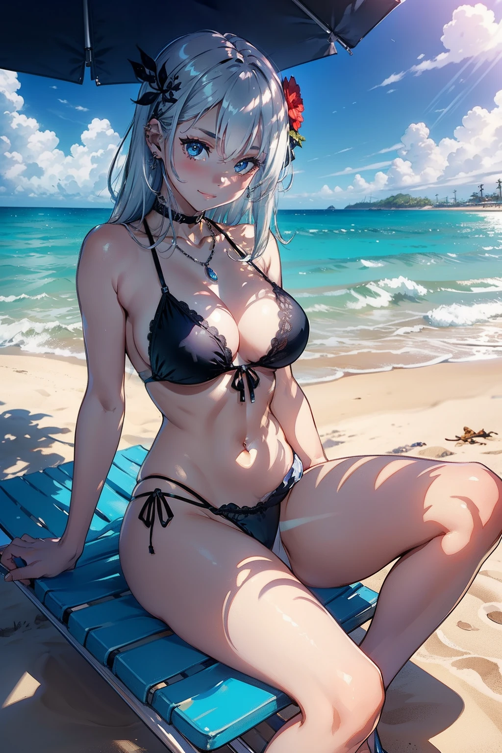 masterpiece, top-quality, Detailed details, Detailed landscapes, beatiful lights, Beautiful Shadows,one girls,22year old,Gravure Pose,huge smile,detailed skin textures, flipflops,Silver hair ornament、silber hair,piercings、Silver necklace、swim wears、Lace Paleo,Red bright eyes、sea side、beach chair,sitting on、beach parasol、L size drinks、blue-sky、llight rays、High contrast