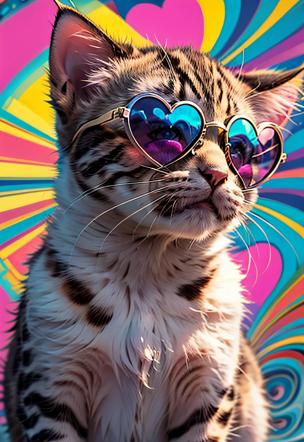 masterpiece、top-quality、top-quality、(((Psychedelic and colorful kitten design wearing pink heart sunglasses)))、ighly detailed、colourfull、highestdetailed、frontage