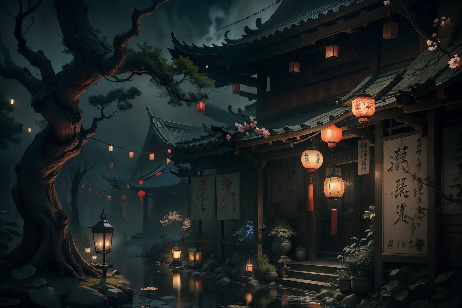 Chinese Central Plains Festival，Street chiaroscuro at night，Detailed depiction of branch texture and lanterns，Lanterns hanging from trees，There are flowers on it, shadowy lighting，Background bokeh，Soft lighting, Lantern light, Aesthetic lighting, warm lantern lighting，Peaceful and scary atmosphere，Mysterious and dark，Detailed lighting effects，Soft color transitions，Lantern branches are depicted eeriely。Ghosts float in the smoke