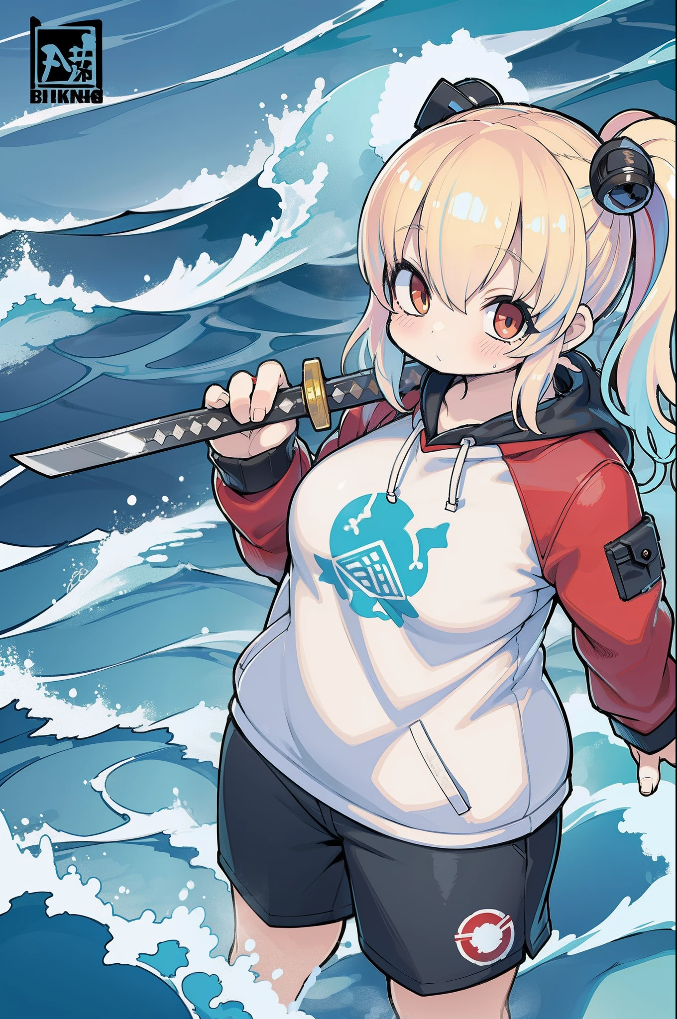 Illustration Twin Katana Colorful, Fireburn, Smoke and ocean waves, Japan style artwork, Detailed design of streetwear and urban style t-shirt design, parka, Provector etc., High quality, Digital Art, bold lines, Hardline, Circle Logo.
