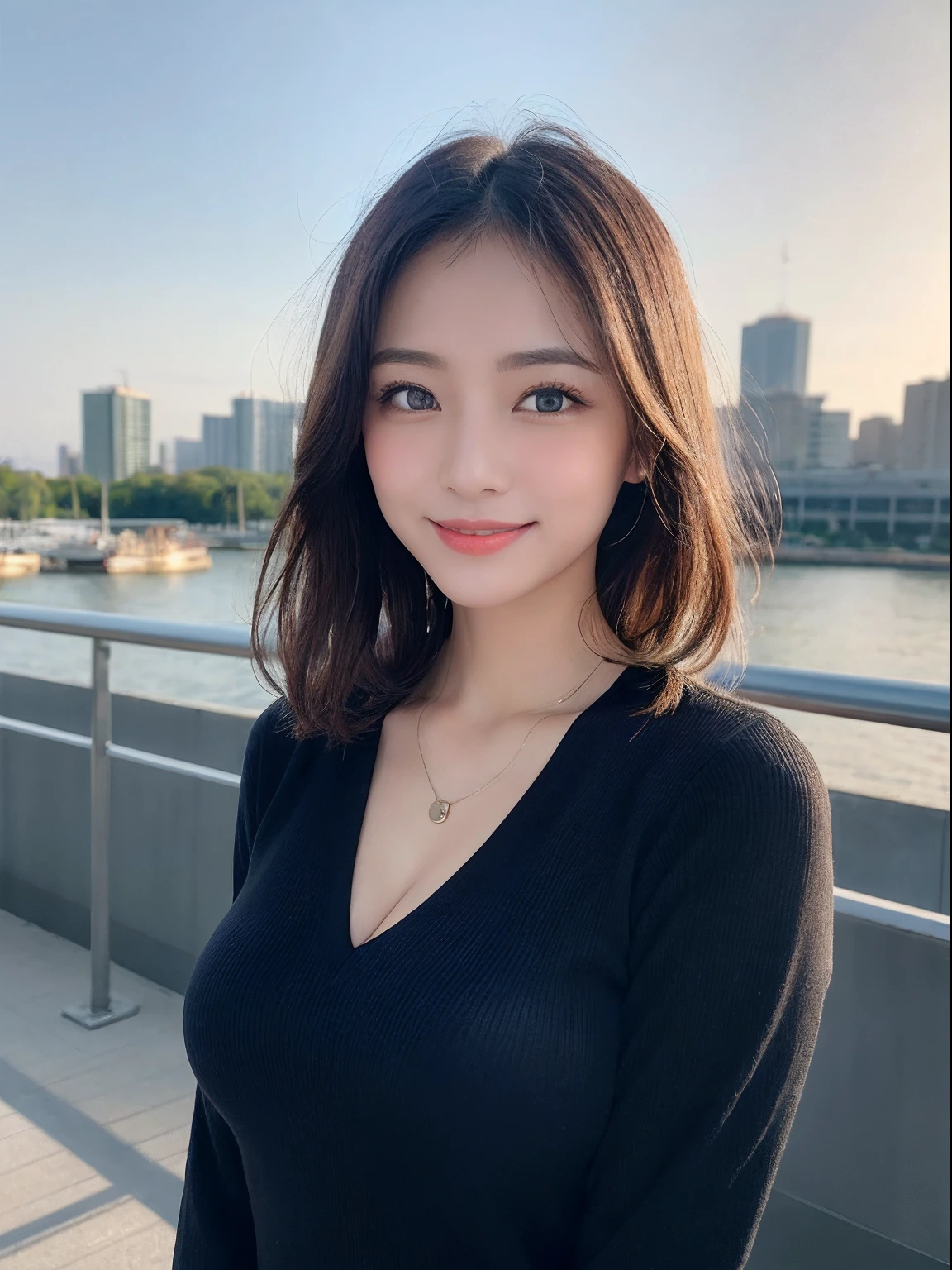 masutepiece, Best Quality, Photorealsitic, finely detail, hight resolution, 8K Wallpapers, Perfect dynamic composition, Beautiful detailed eyes, Medium short wavy hair, large full breasts, Random and sexy poses,Random situations、Tight polo shirt、Breast bulge、A smile、bokeh feeling、natural、Beautiful cityscape、Bright sunshine、25-years old、(Drooping eyes 1.3)、Adult beauty、natural、japanes