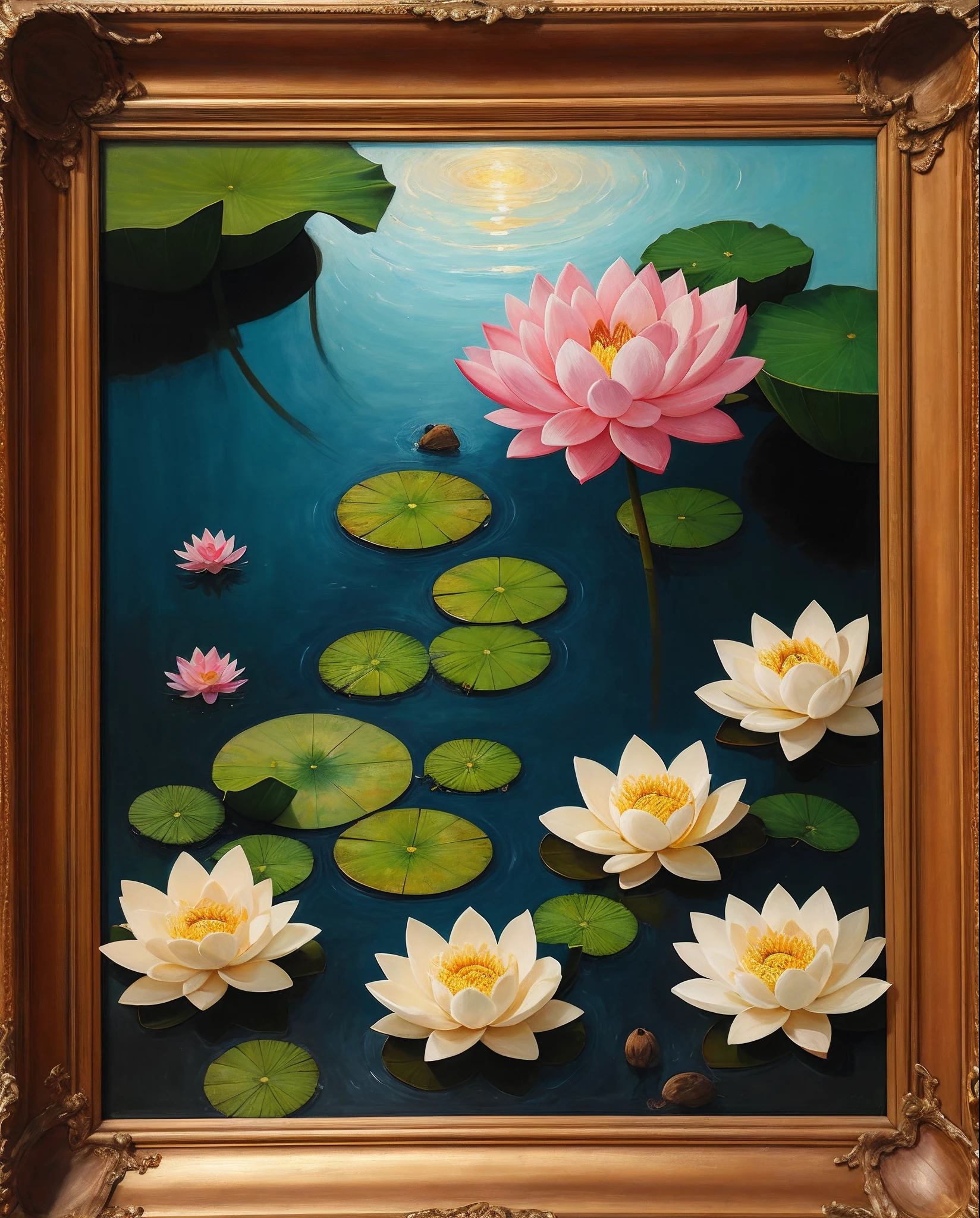 Oil painting with the theme of incorruptibility,The content should have lotus flowers