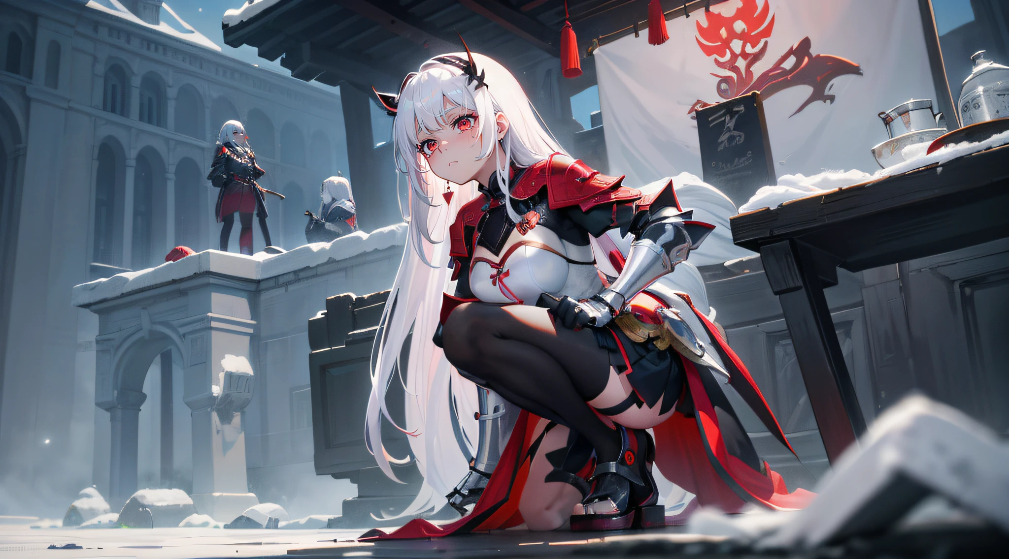 A girl,White hair and red eyes,long whitr hair,Original Character、fantasy concept art、Best shadow、shallowdepthoffield、Portrait of a noble knight、Dignified、Sad expression,streaming tears,Sophisticated tactical heavy armor、Tassel waistband、Hand Guard、Pauline、High quality armor texture,Stand up,Kneel on one knee,overcast day,Snow,(HighestQuali,astonishing detail:1.25),(独奏:1.3),Brilliant and colorful paintings