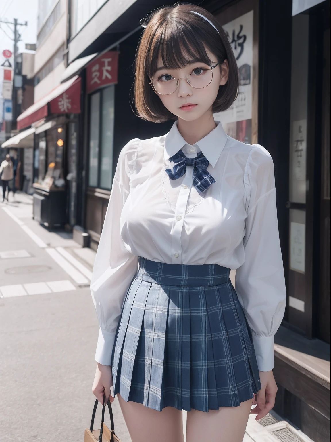 （8K、Raw photography、top-quality、​masterpiece：1.2),absurderes,a small face,small tits,flat breast,Parting the bangs from the middle、Forehead visible,(Tight eyes,Bullish,skinny,Rasping,irate)、​masterpiece,top-quality、超A high resolution,Raw photo,ren,Beautiful fece,One Person, 独奏,eye glass,,Dark look,Small breasts,fullllbody,Round glasses、cute little、A Japanese Lady,is standing,(Tight eyes,Bullish,skinny,Rasping,irate,small tits,flat breast)、（Photorealsitic：1.37）、Photon mapping,Light blue ribbon,Realistic、Cute little face,Brown-eyed、Black socks、(Red bow tie)、Radio City、Physically Based Rendering、Foreground、depth of fields、Blurry background、a picture,The girls、Body, Long legs, Thin leg,Semi-bob cut,(Bangs are visible), hair, s lips, Blue_The eye, nosesoft,White shirt, Navy blue and white plaid pleated skirt, Knees are visible,Sheer clothing,, Thigh, Black cotton socks,Nogizaka Idol, 女優, Japanese ido