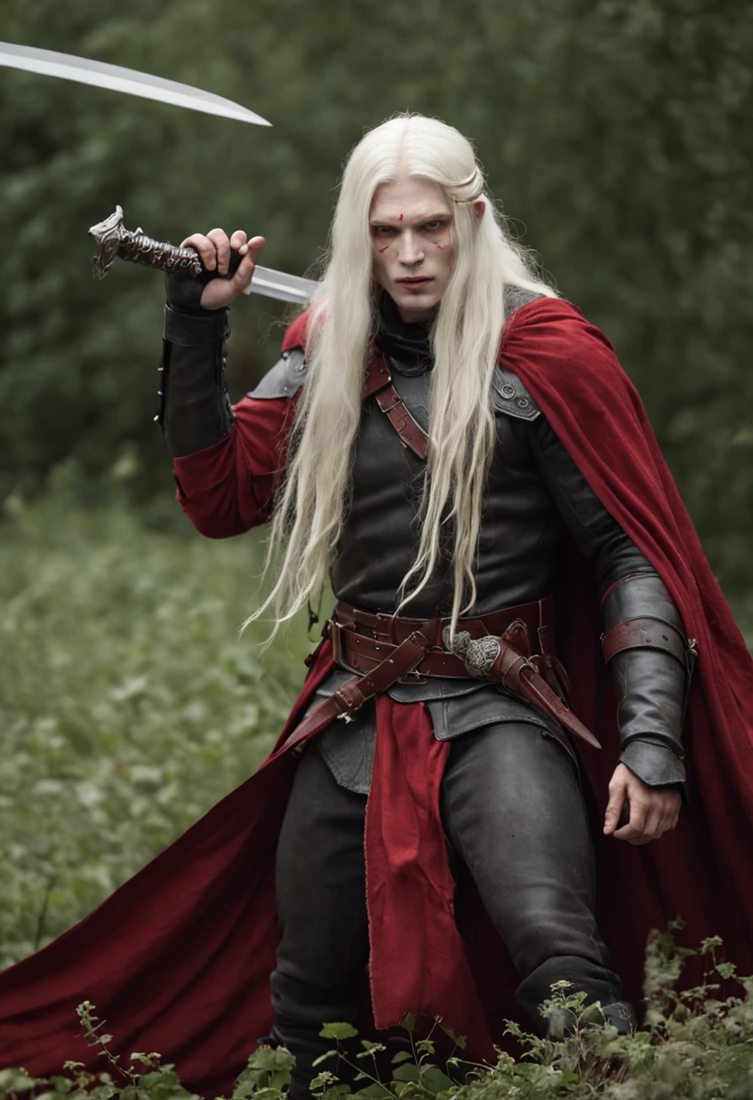 One Male albino knight with long hair, wearing heavy armor with a red hood carrying a long swords, naked, arms on the sky, flying dead souls