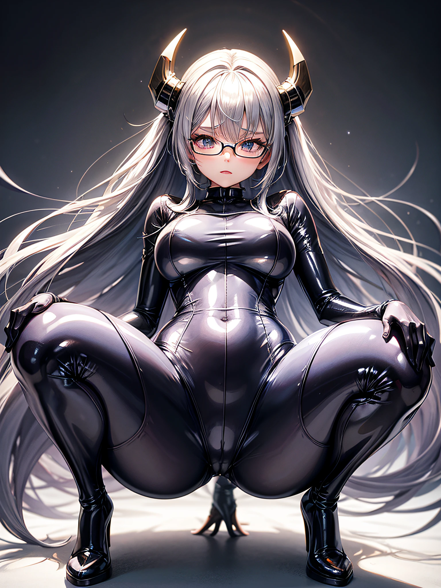 5 8K UHD、Silver shiny silver full-body rider suit with glasses silver hair and nostalgic beauty with crotch wide open and squatting hips thrust forward and up、Shiny silver latex slider suit with hidden skin