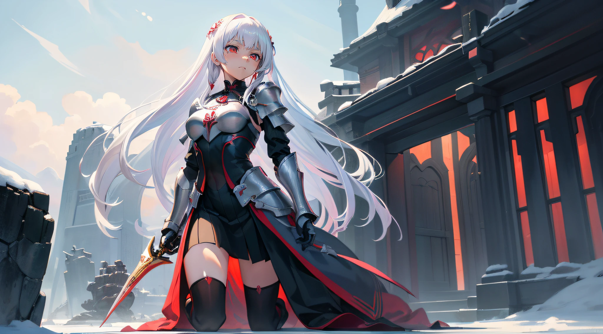 A girl,White hair and red eyes,long whitr hair,Original Character、fantasy concept art、Best shadow、shallowdepthoffield、Portrait of a noble knight、Dignified、Sad expression,streaming tears,Sophisticated tactical heavy armor、Tassel waistband、Hand Guard、Pauline、High quality armor texture,Stand up,Kneel on one knee,overcast day,Snow,(HighestQuali,astonishing detail:1.25),(独奏:1.3),Brilliant and colorful paintings