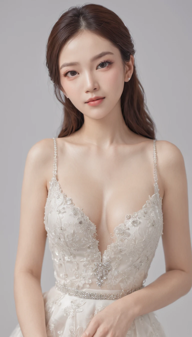 (One lady)、(fully body photo)、(Professional 3D Rendering:1.3) De (Realistic:1.3) The most beautiful art photos in the world，tmasterpiece，top-quality，Photos of private rooms，Stargirl，wedding photos，Full body photo of the front，No exposure on chest，Smaller chest，No Shoulders，Navelless，Show your legs，Blacklens Socks，White heels，Horsetail hair，Dark hair，fascinated expression，white wedding dress，Lace crafts，dignified temperament，Still dick face，fully body photo，Private Photos，Angel Wings，Angel Face，Gold Necklace，White jade bracelet，Silver Pin Earrings，White cover
