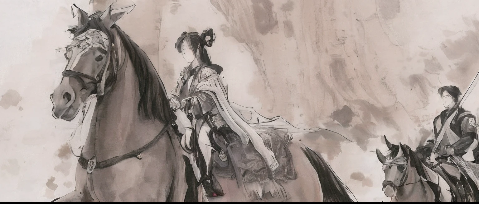 !seaart draw "Black-and-white calligraphy painting of ancient Chinese warfare: The mighty army rode horses and lances on the battlefield" --style ink --colors white,black --brushes horse,weapon  --background none