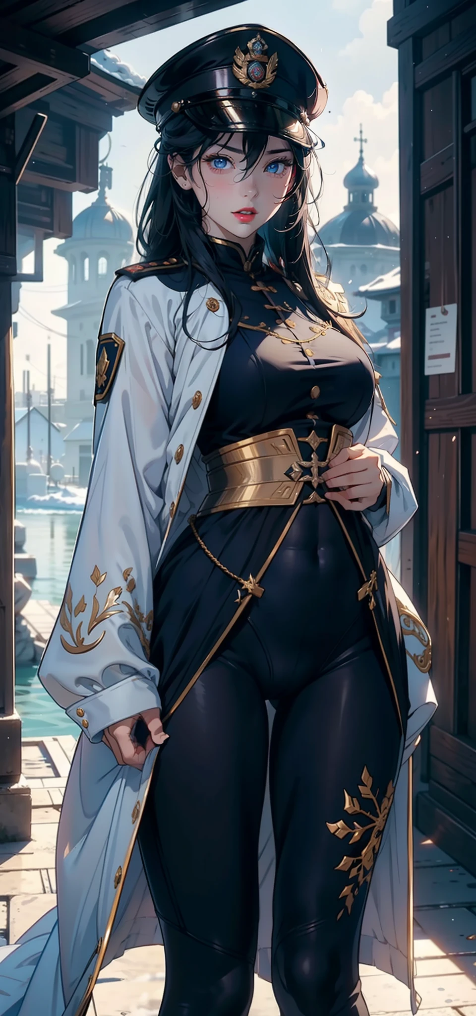 1womanl，3  girl，Small loli，smaunderboob，Big breasts Thin waist，long leges，Raised sexy，Pornographic exposure， 独奏，Beauty contests，standing on your feet（Background with：the sea，snow mountains，warships，at winter season，Blizzarding，Big snowflakes）On warships， with his long black hair，Long hair flutters in the wind，dynamicposes，Sweat profusely，drenched all over the body，seen from the front， hair straight， mostly cloudy sky，（（（tmasterpiece），（Very detailed CG unity 8K wallpaper），best qualtiy，cinmatic lighting，detailed back ground，beatiful detailed eyes，Bright pupils，（Very fine and beautiful），（Beautiful and detailed eye description），Blue eyes，Redlip，ultra - detailed，tmasterpiece，）），facing at camera，（The upper part of the body），A high resolution，ultra - detailed），revealing breasts，Bare genitalia，  Bulge，legs are open，sexyposture，Camel toes，Flushed complexion，Open-mouthed，frontage，Tsarist Russian officer，Officer's cap（Wearing：White cloak，down jacket，elementaryficer uniform，Sexy leggings，Armour，Gold wire embroidery，Snowflake decoration）