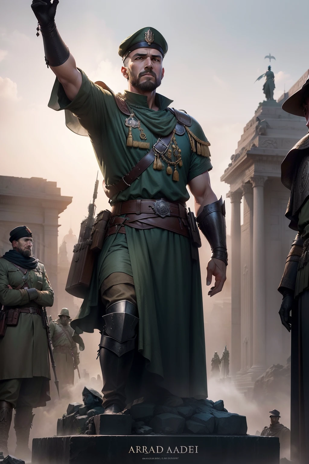 Image of a group of soldiers standing around a statue of Arafard, author:Darek Zabroki, author:Roman Bezpalkiv, author:Adam Maczynski, author:Alexander Kobzd, author:Christian Krykovic, author:Alexander Giemsky, author:por Artur Tarnowski, dramatic concept art