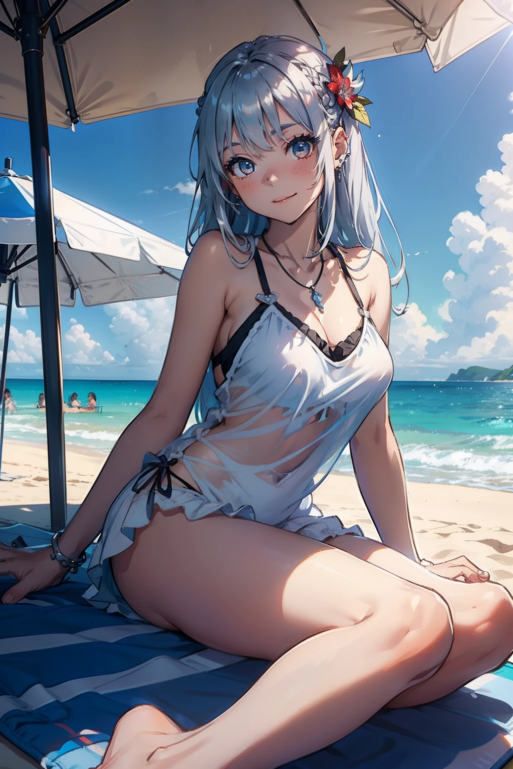 ​masterpiece, top-quality, Detailed details, Detailed landscapes, beatiful lights, Beautiful Shadows,one girls,12year old,model poses,huge smile,detailed skin textures,flipflops,long,Bunching hair,Silver hair ornament、silber hair,piercings、Silver necklace、Red bright eyes、Oversized T-shirt,Fluffy swimsuit,Flip-fluffy miniskirt,sea side、beach chair,sitting on、beach parasol、L size drinks、blue-sky、llight rays、High contrast,((Oblique view from below))