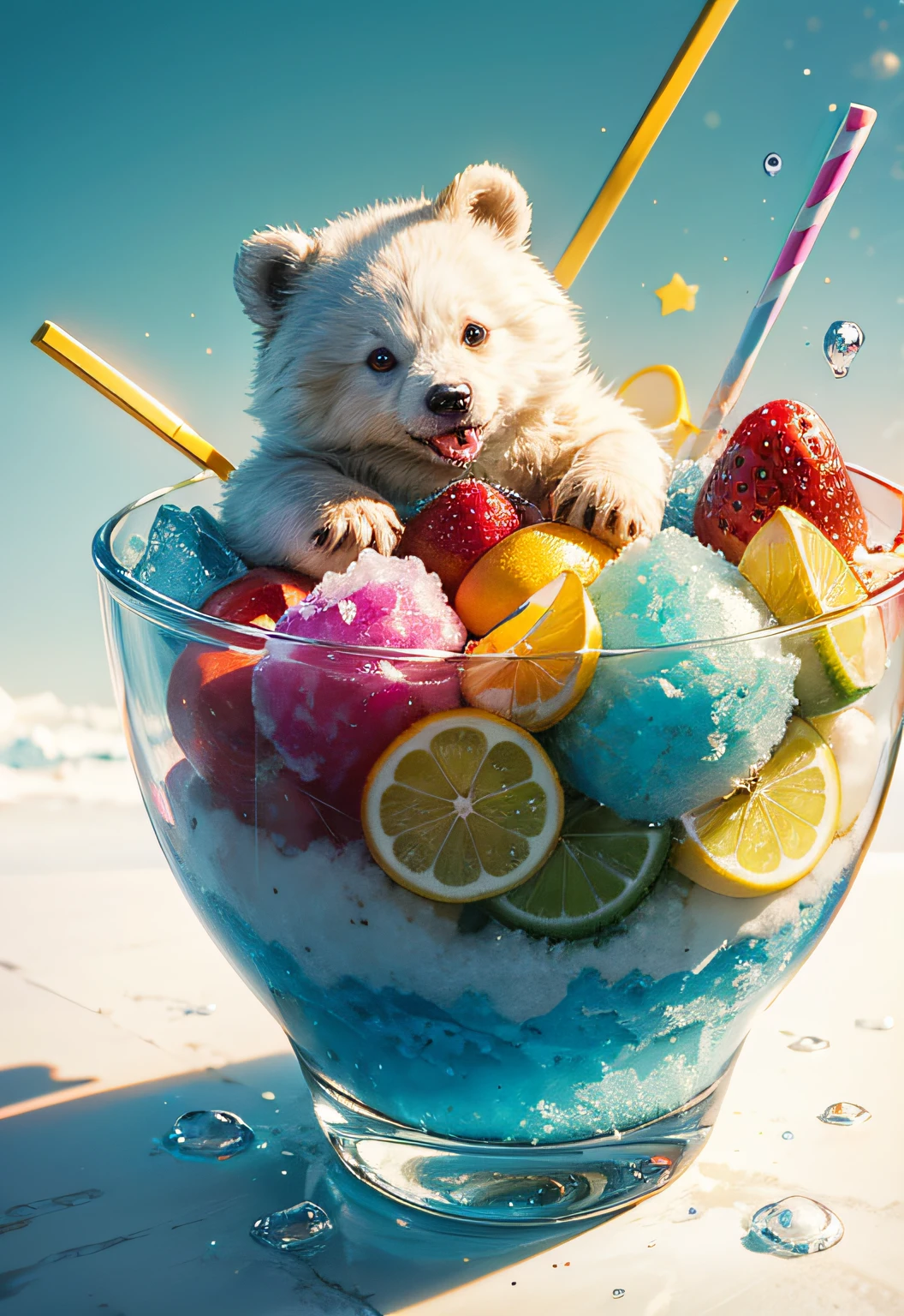 masterpiece、top-quality、top-quality、Colorful cute white bear design with illustrations、Eat shaved ice、ighly detailed、colourfull、highestdetailed、Wide range of shots、Gorgeous colors、grains of sugar、water dripping、kirakira、Colorful colors of bright ice、Image-like background、Fun bright atmosphere、Colorful fruits flying around shaved ice