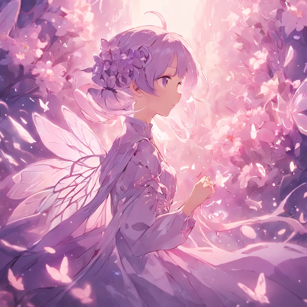 faery, Flowers, Sits, fairy wings, fairytale, phantasy, soft light, radiance, Lilac color, Pastel colors