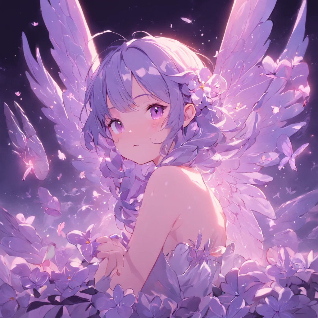 faery, Flowers, Sits, fairy wings, fairytale, phantasy, soft light, radiance, Lilac color, Pastel colors