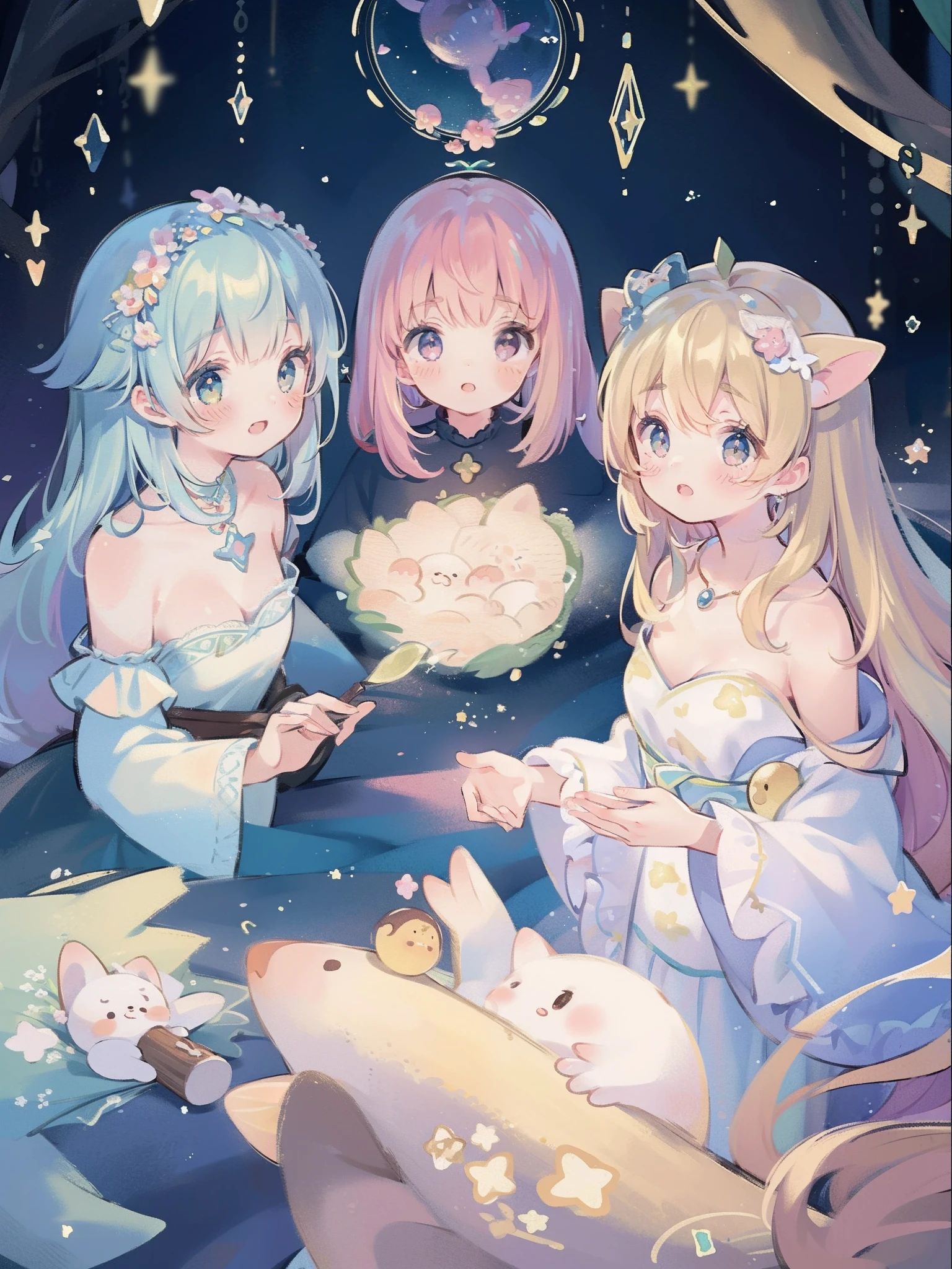 masterpiece, (2girls and 2girls and 2girls and 2girls around campfire), idol, big eyes, kawaiitech, kawaii, cute, pastel colors, best quality, happy, deep background, symmetrical, tilted head, summer