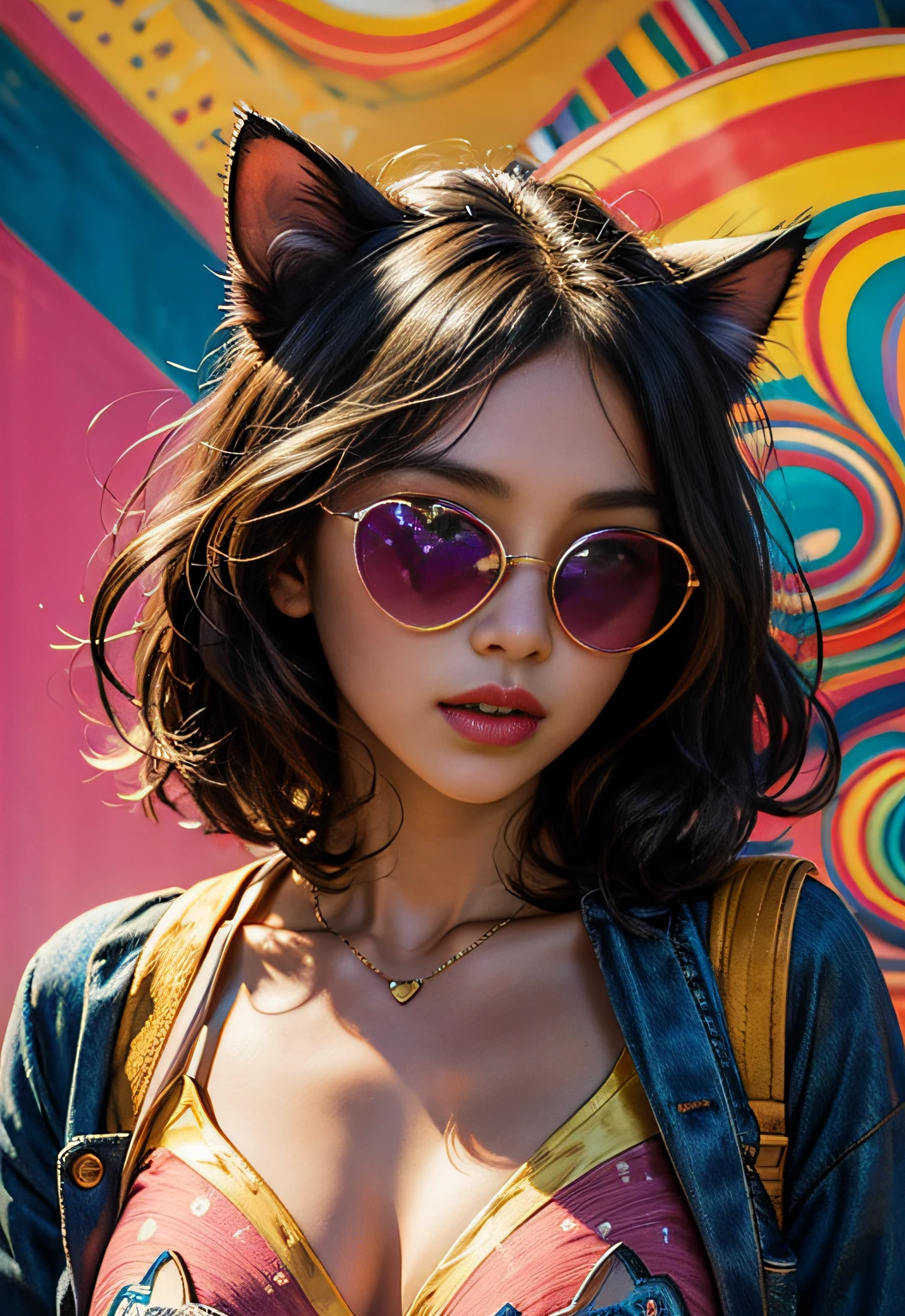 ​masterpiece、top-quality、highestdetailed、Psychedelic kitten design wearing colorful and bright pink heart sunglasses、ighly detailed、Rich in color、excellent details、Effective portrayal