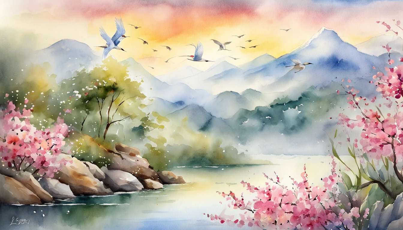 「Skysky、pastels、crayon drawing、jasmine flowers、」high high quality、Exquisite painting、Soft light and shadow effects、Soft touch、blurry effect、beautiful clouds in the sky、mountain water，flying birds。