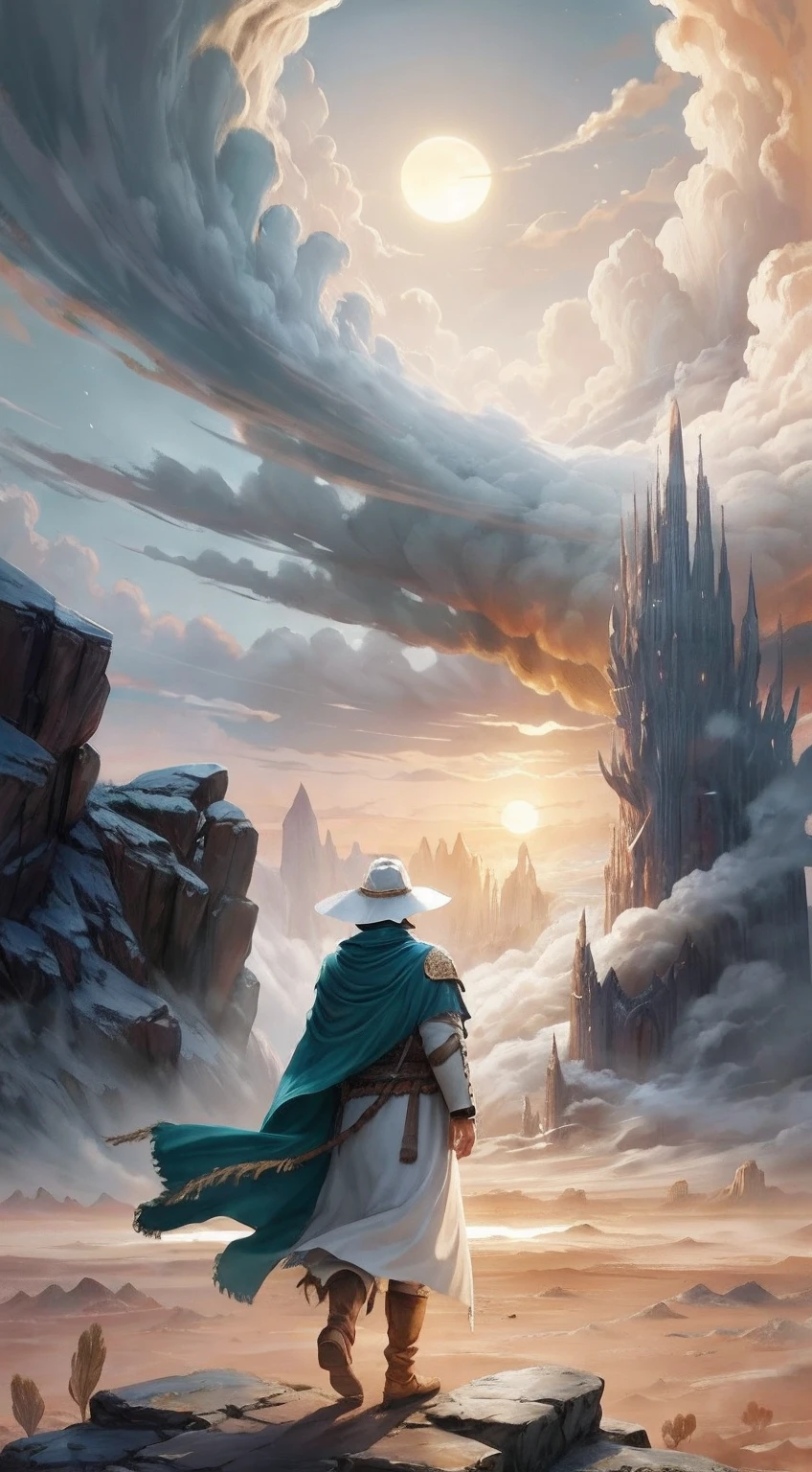 Ancient warriors in trench coats walk firmly into the distance,He wears a cloak on his head,中景 the scene is,facing away from the audience,(Vast desert:1.2),(Rolling white clouds:1.2),(Lonely smoke drifted into the sky:1.2),The smoke is thick,Eagles fly,(The setting sun shines obliquely through the clouds),vivd colour(Light particle effect),(Masterpiece),(Extremely detailed picture description),(8k wallpaper),(Master painting),(Ink painting style),(Noticeable light and shadow effects),(Ray traching),(Obvious layers),(depth of fields),(best qualityer),「Journey to the West」Ray