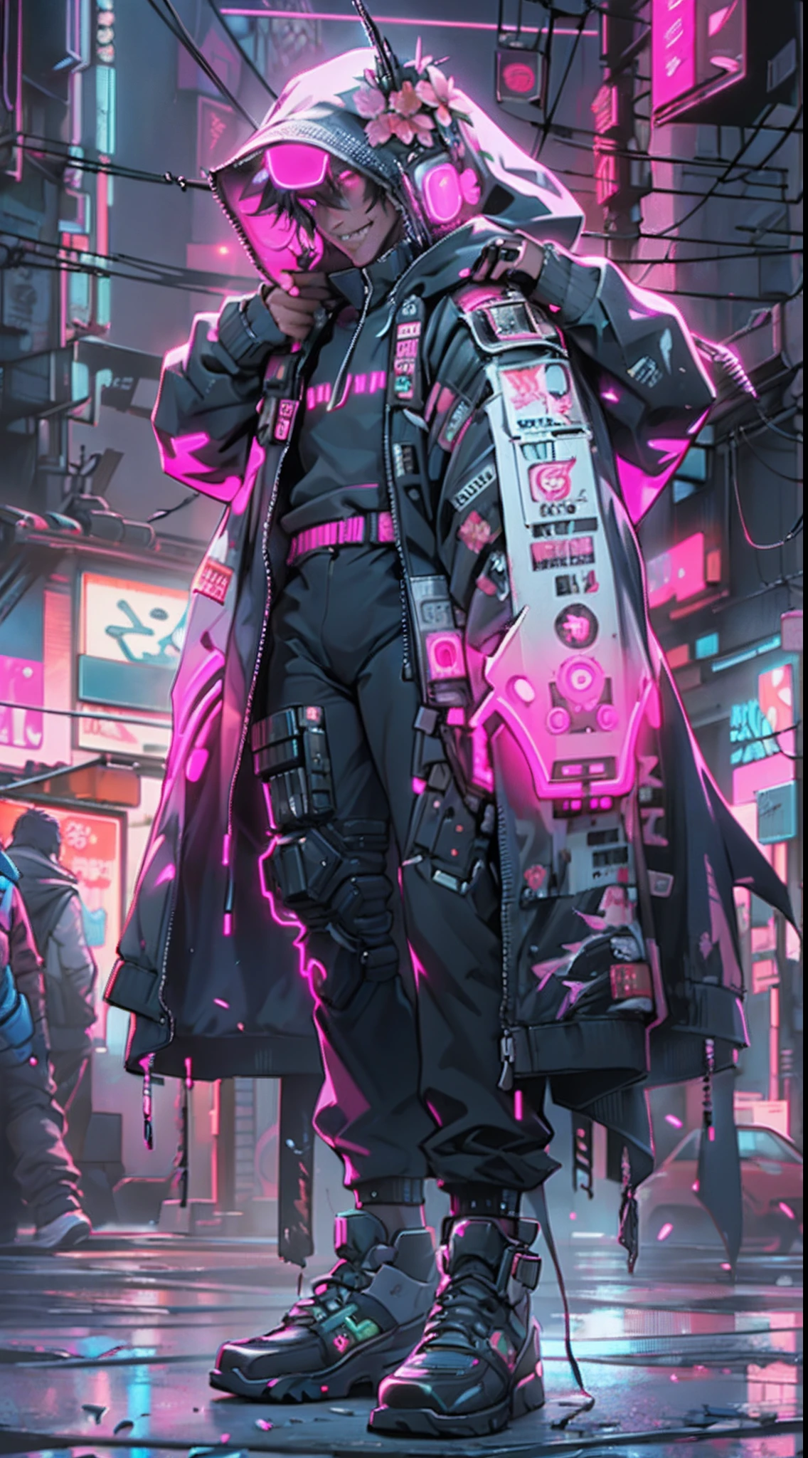 1male people、(a handsome man:1.4)、(confident grin:1.2)、(30-years old)、(A dark-haired)、(have military weapons all over their bodies,)、(Top image quality)、(8K picture quality)、(cyberpunked)、(masutepiece)、(Shining Chinese traditional costume with hood)、(confident grin:1.2)、(Full body photo)、(An excessive amount of glowing flowers fly:1.5)、cinematric light, Cinema Shadow, Sharp Image, Extremely detailed, Volumetric, Bright sprites, particles effect, beautiful effects, Vivid colors, neons, (Pink neon light:1.5), Highly detailed image textures, detailed hairs, Detailed face, Detailed eyes, Full body photo, city、Dark hair、Sparkling red aura、Photo from the knee up、beautiful effects, Vivid colors, Highly detailed image textures, detailed hairs, Detailed eyes,(Cyberpunk cityscape:1.5)、