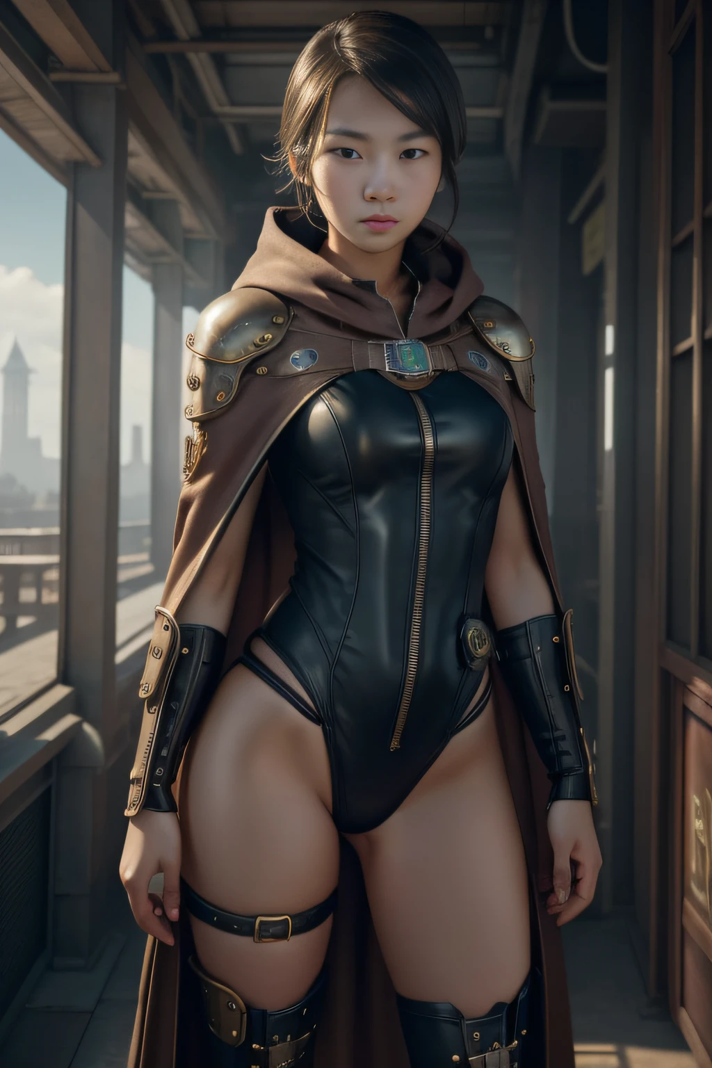1 girl, young, , Asian, full body from head to toe, Realistic, Realistic face, realistic eyes, worried, looks over shoulder, side lighting, wallpaper, looks at viewer, Futuristic steampunk buildings in background, long cape and hood, one-piece swimsuit, ground floor, exterior, hold a steampunk sword in your left hand, fly in the sky with a steampunk jet pack, dragon logo,