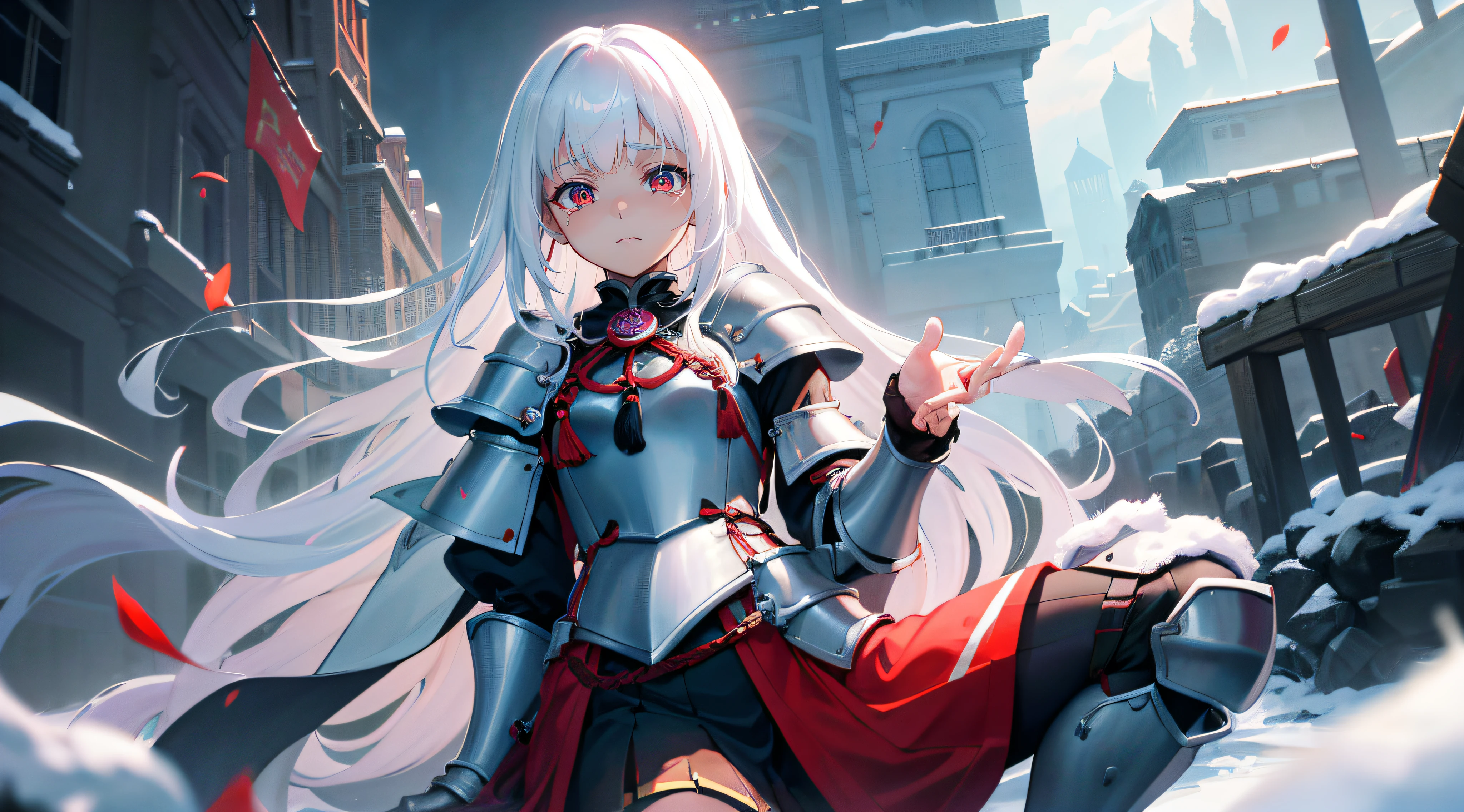 A  girl，White hair and red eyes，long whitr hair，Original Character、fantasy concept art、Best shadow、shallowdepthoffield、Portrait of a noble knight、Dignified、Sad expression，streaming tears，Sophisticated tactical heavy armor、Tassel waistband、Hand Guard、Pauline、High quality armor texture，Stand up，Kneel on one knee，overcast day，Snow，（HighestQuali，astonishing detail：1.25），（独奏：1.3），Brilliant and colorful paintings