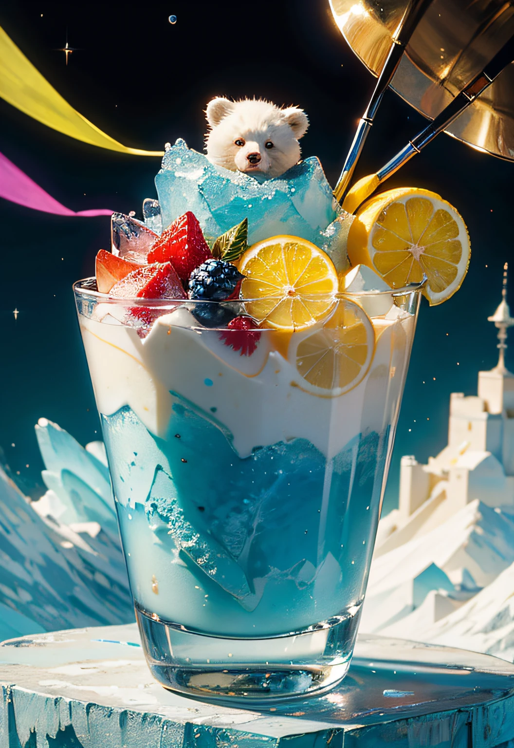 masterpiece、top-quality、top-quality、Colorful cute white bear design with illustration、Eat shaved ice、ighly detailed、colourfull、highestdetailed、Wide range of shots、gorgeous colors、grains of sugar、water dripping、kirakira、Colorful colors of bright ice、Image-like backgrounds、Fun bright atmosphere、Colorful fruits flying around shaved ice