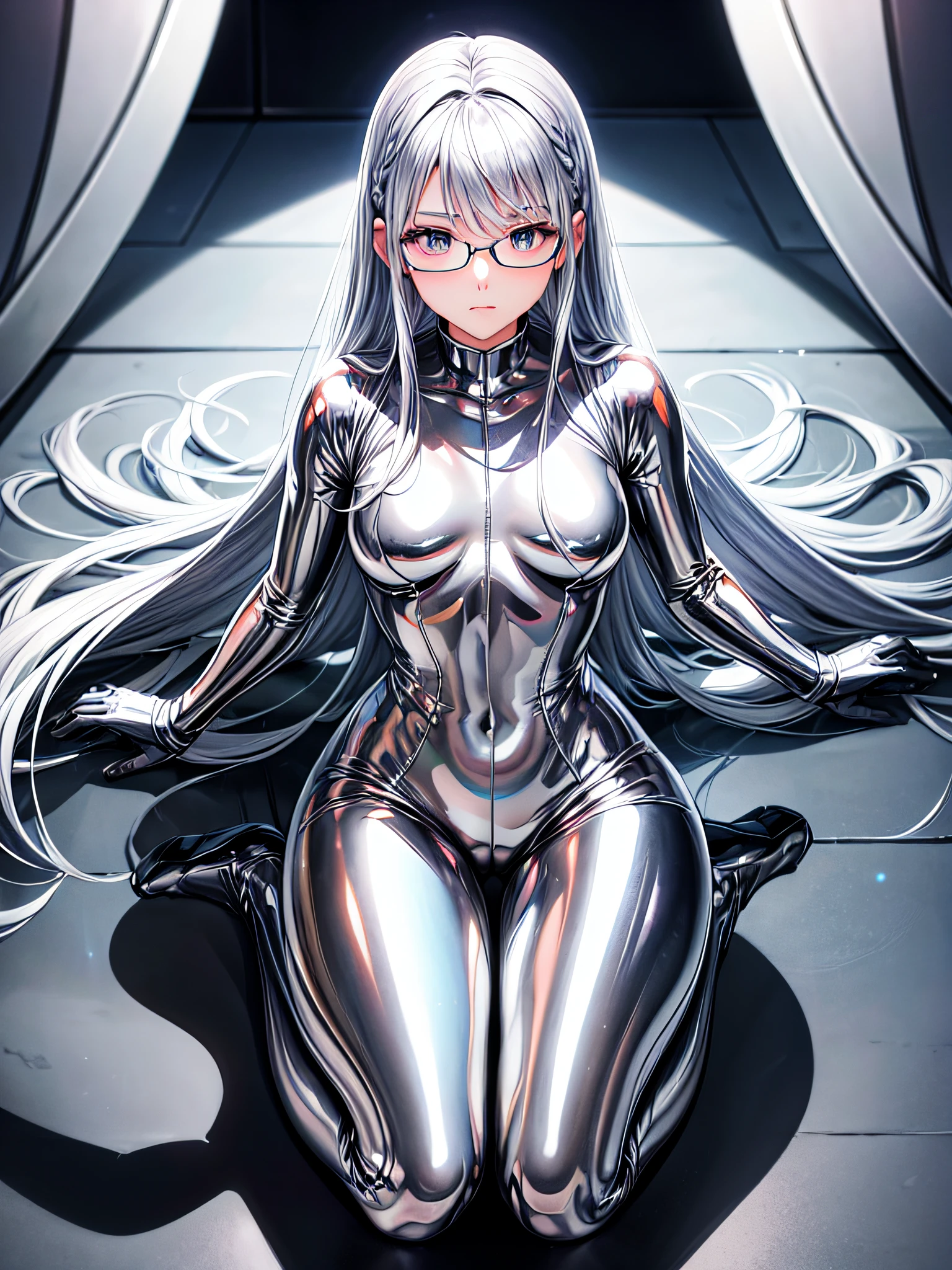 5 8K UHD、Silver shiny silver full-body rider suit with glasses silver hair and small-nosed beauty squatting with ?????? wide open、Shiny silver latex slider suit with hidden skin